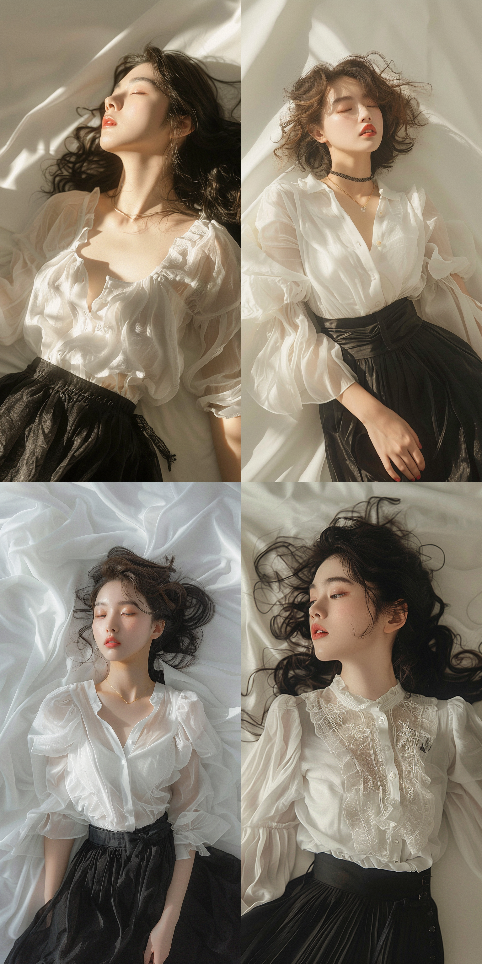 白衬衣黑裙，白色背景，年轻华裔少女（轻熟女），躺着，柔和光线，纱质材质，侧面角度，温暖色调，柔和表情，优雅，全身，迷离眼神，正脸，波浪，卷发，全身视角