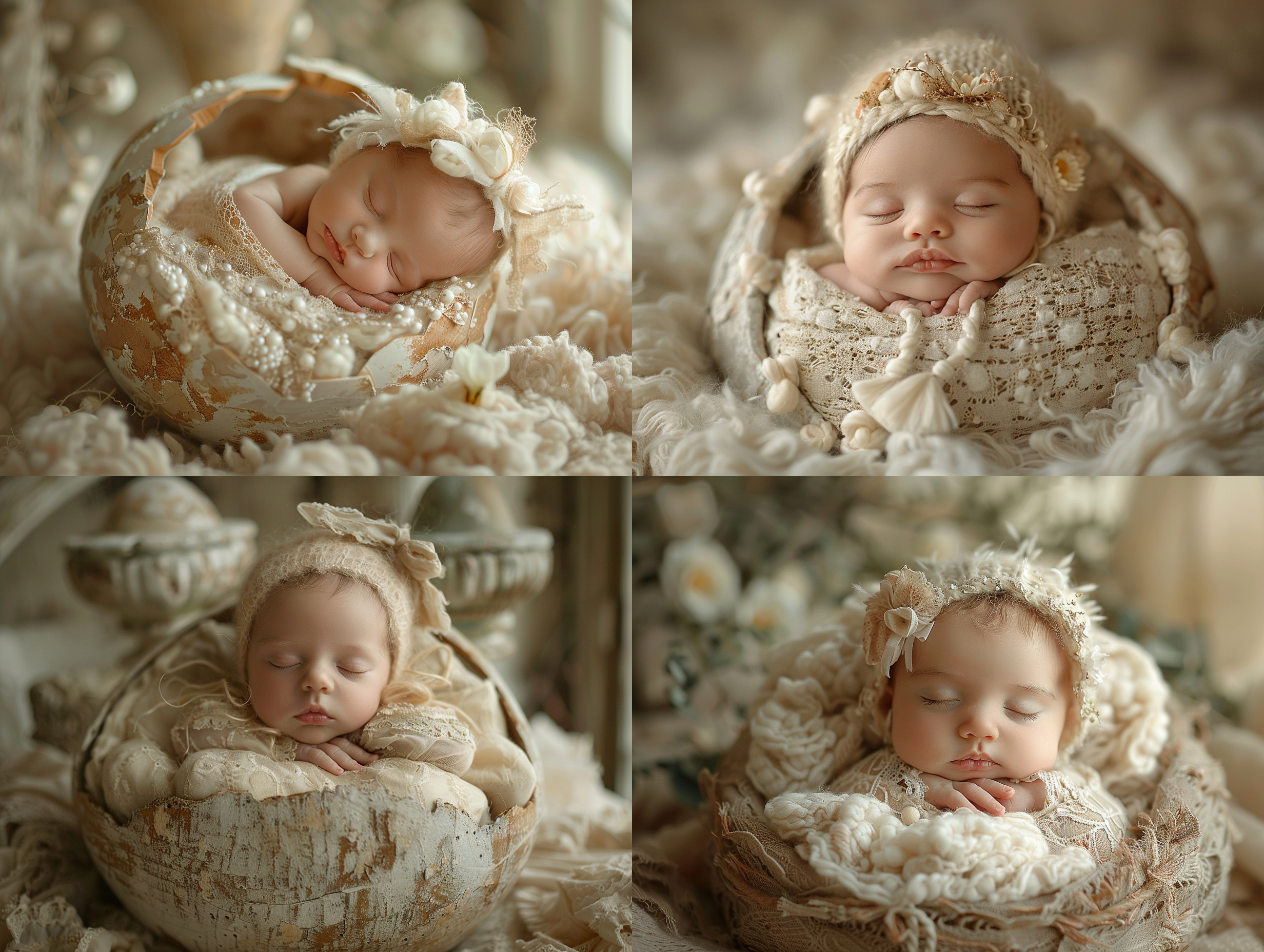 新生儿艺术照，婴儿在一个大的卵中，只露出头部，睡觉，温馨，柔和光线