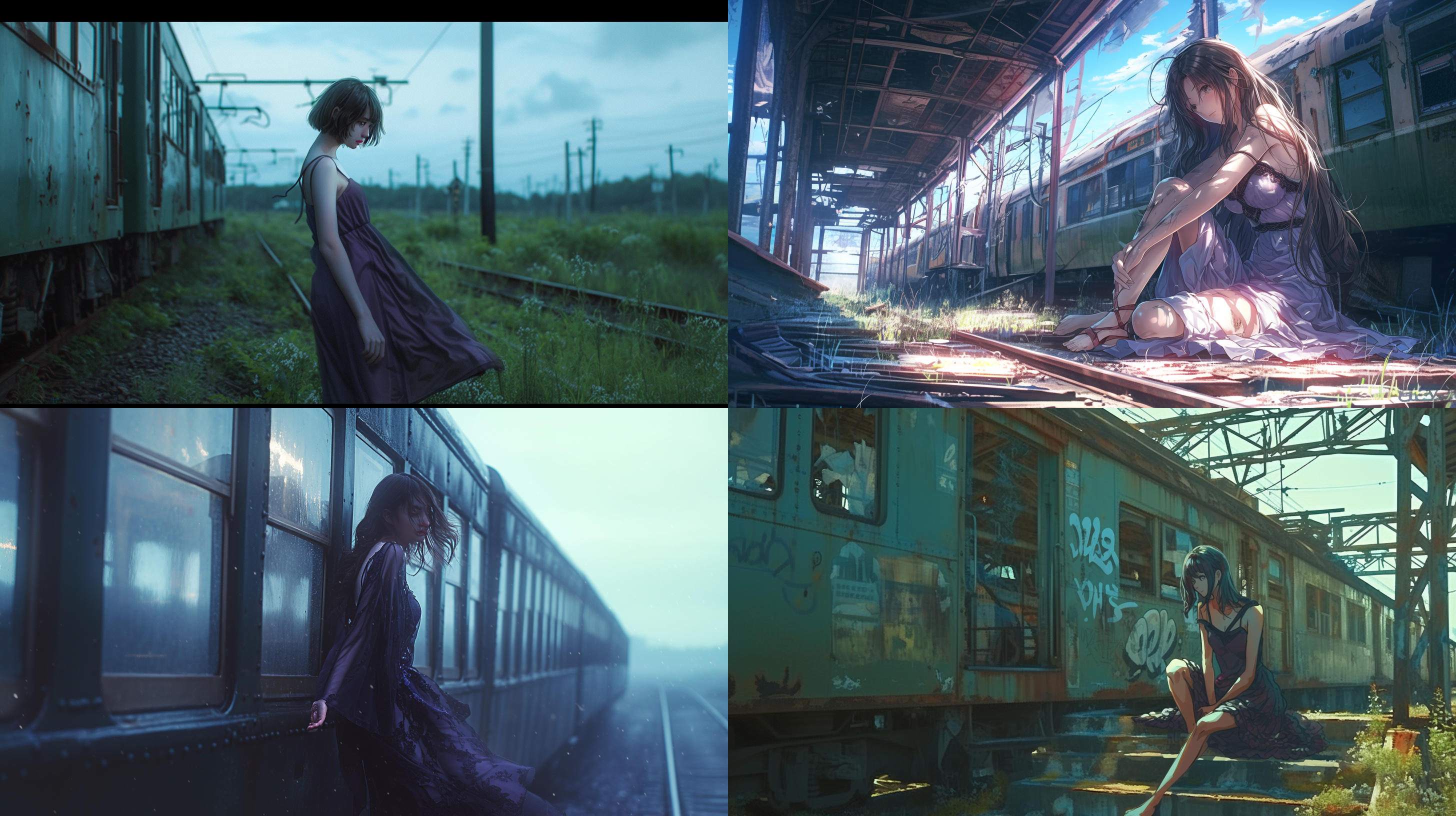 8k超清晰画质，手机壁纸，清冷，情绪风格，一位中国26岁气质女生，穿紫色吊带纺纱裙，留白构图，废弃绿皮火车背景，铁轨，画质干净，富士高端镜头，胶片感觉 摄影纪实 全身 侧身 主观视角 远景透视 虚化 dslr拍摄 电影灯光 斑驳光线 黄昏 午夜 冷光 经典风 独立风 优雅风 耳后发