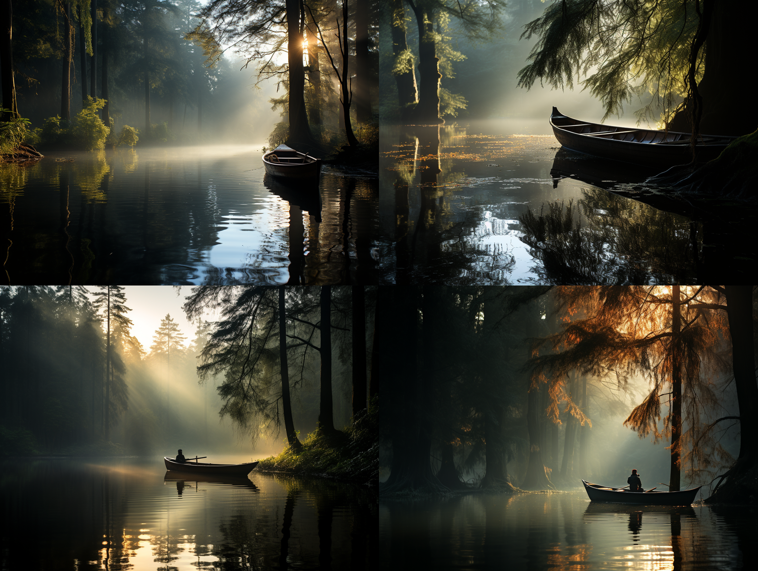 烟雾笼罩的树林和湖泊, 小船在湖中荡漾, 逆光拍摄, 远景, 层次分明, 高清画质, 暗调, 镜头过曝, 水面倒影, 宁静, 神秘。