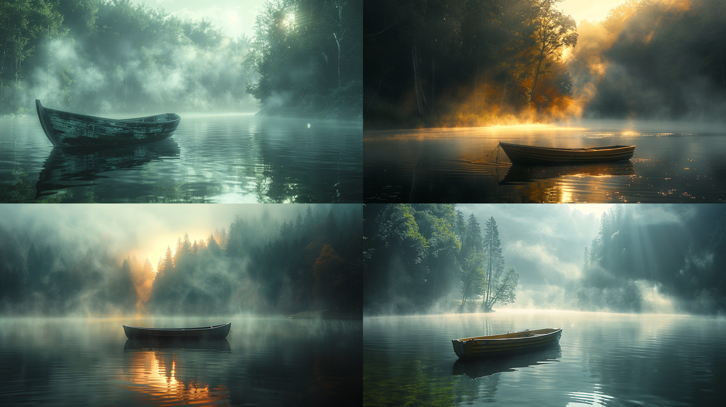 烟雾笼罩的树林和湖泊,阳光照耀在小船上。小船在湖中荡漾，逆光拍摄，远景，层次分明，高清画质，暗调，广角镜头，镜头过曝，水面倒影，宁静，神秘。