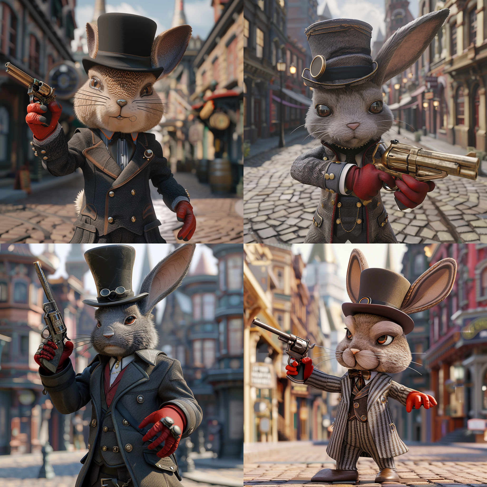 一只可爱的小兔子穿着双排扣西服，戴着一顶高礼帽，戴着单边眼睛，带着红色的手套，手持雕刻古典花纹的左轮手枪，坚定的眼神，站在维多利亚时代的街道上，背景是维多利亚时代的建筑物，远景，全身显像，c4d建模，光线跟踪，丰富细节，动作丰富，超清，32k，动态姿势，高光， 清晰的背景