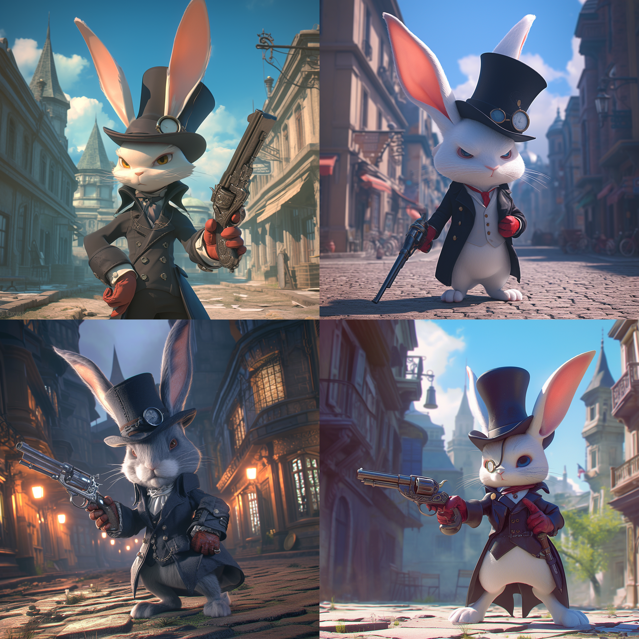 一只可爱的小兔子穿着双排扣西服，戴着一顶高礼帽，戴着单边眼睛，带着红色的手套，手持雕刻古典花纹的左轮手枪，坚定的眼神，站在维多利亚时代的街道上，背景是维多利亚时代的建筑物，远景，全身显像，c4d建模，光线跟踪，丰富细节，动作丰富，超清，32k，动态姿势，高光， 清晰的背景