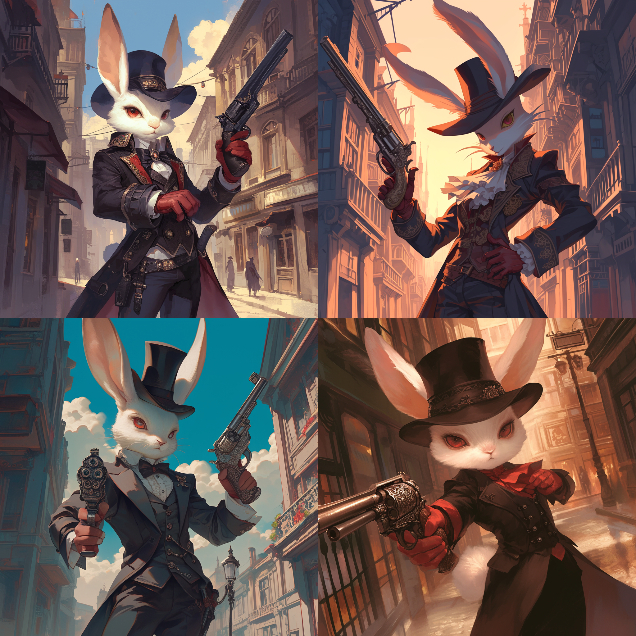 一只可爱的小兔子穿着双排扣西服，戴着一顶高礼帽，戴着单边眼睛，带着红色的手套，手持雕刻古典花纹的左轮手枪，坚定的眼神，站在维多利亚时代的街道上，背景是维多利亚时代的建筑物，广角镜头，侧光，写实主义，荒诞风格