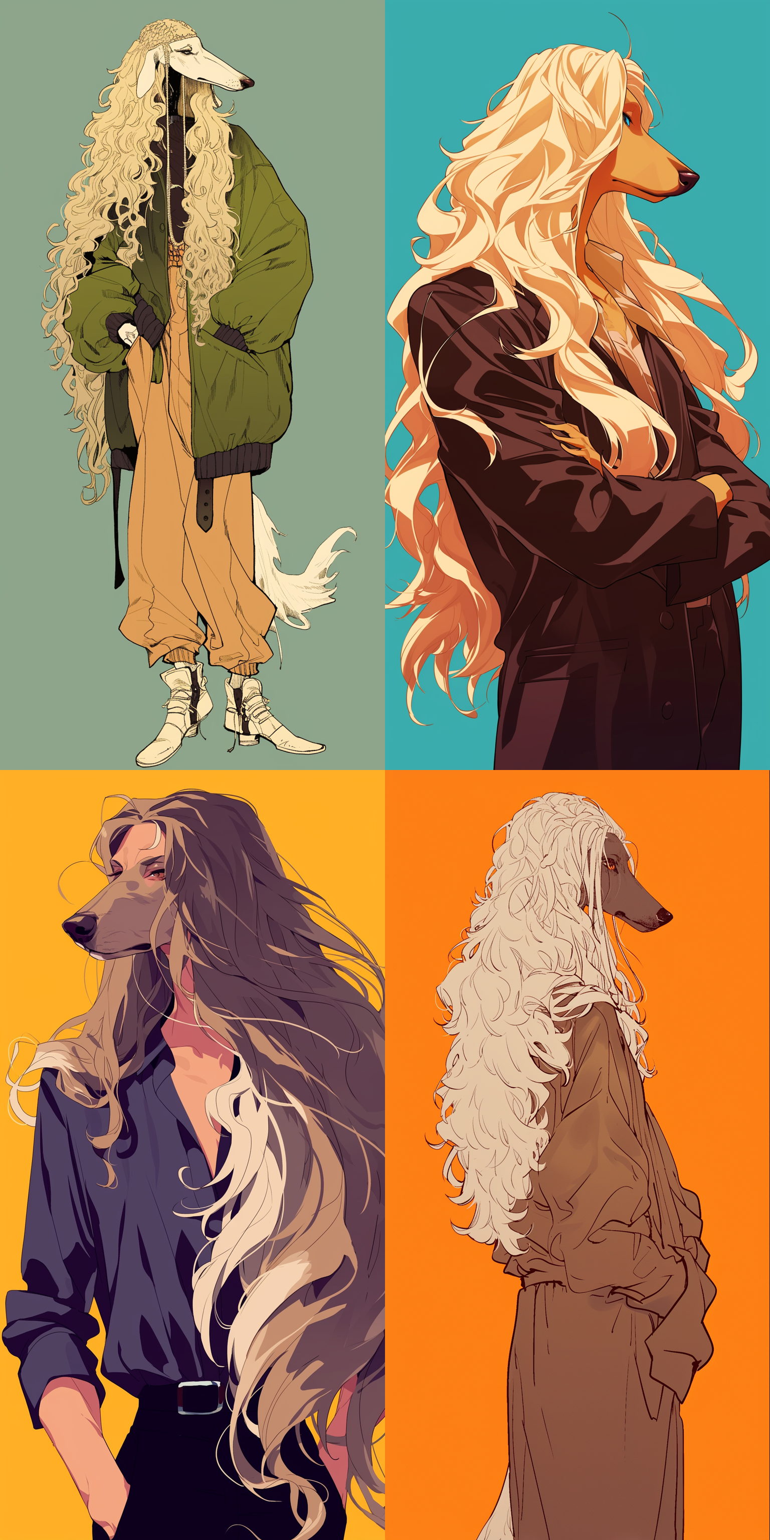 阿富汗猎犬furry男孩，优雅，卡通线条简笔画，治愈潮流系，纯色背景图