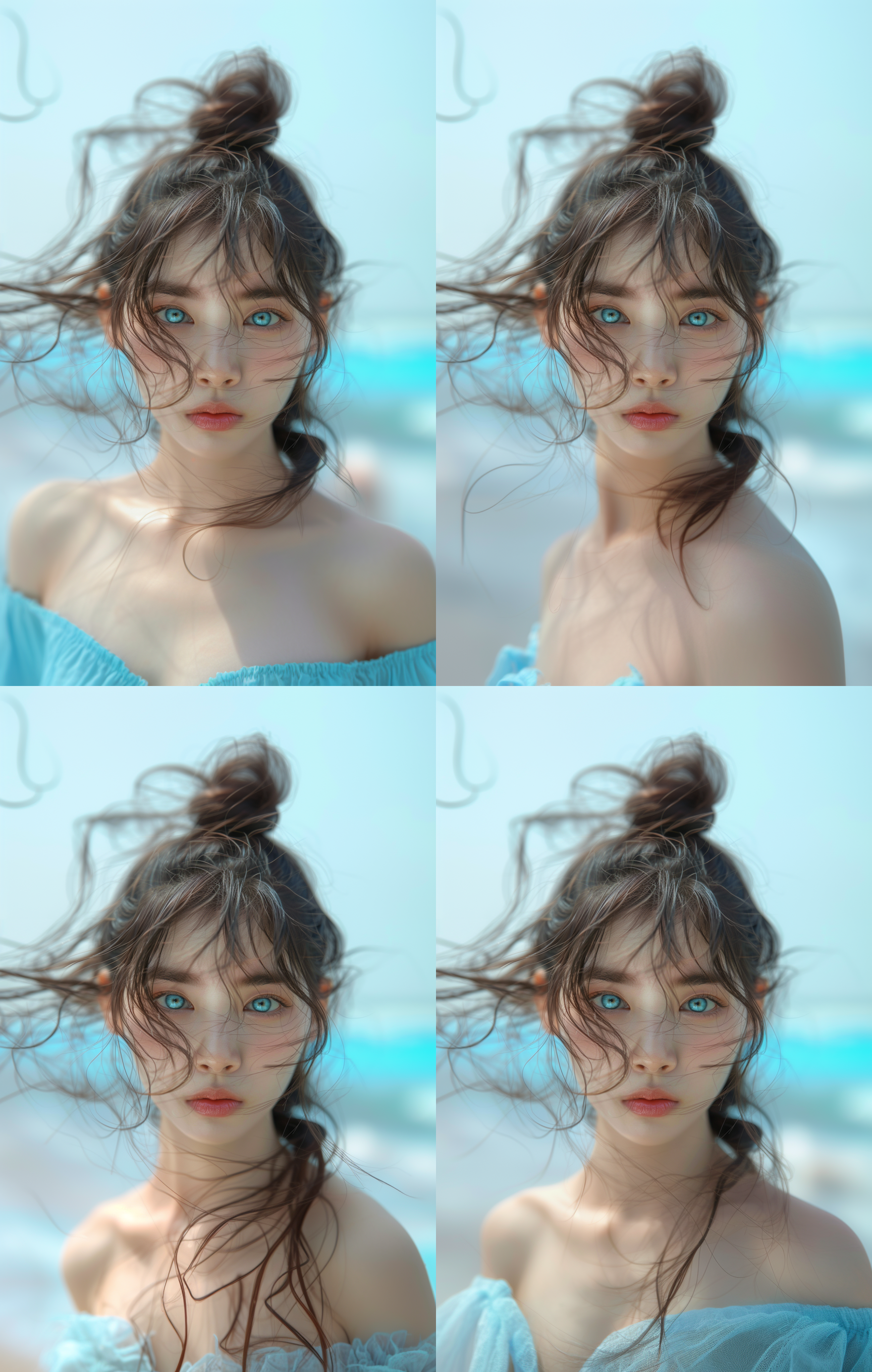 生活肖像，年轻的亚洲女性面孔，精致的五官，碧蓝色眼睛，棕色头发，丸子头，脸部特写，半胸像， 摄影纪实 胸部以上 特写 浅蓝 明亮的 魅力风 丸子头 极限特写