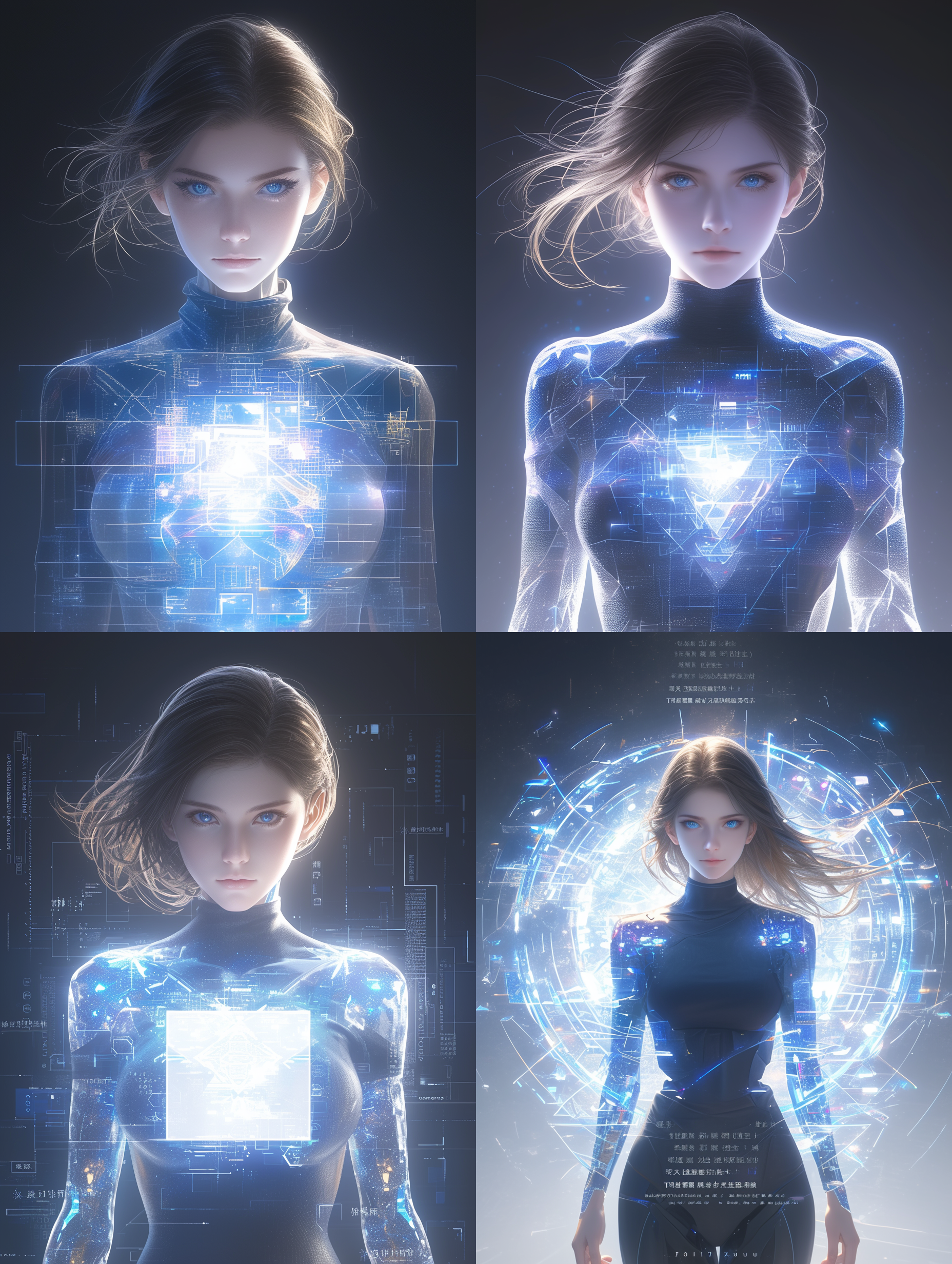 这是一张拥有水绿色眼睛的虚拟女性的数字全息投影，她的身体是由多层发光透明组织构成，每层衣服由发光的蓝色点和发光蓝色线段制成，紧身衣，傲人的身材，完美的身材，长腿，宽臀，背景纯黑暗柔光，她的眼睛透露着硅基生命的智慧，暗示着先进的全息技术，令人惊叹的，ai人工智能模型，柔光，佳能-1.2定焦光圈，全身拍摄，32k分辨率 半身