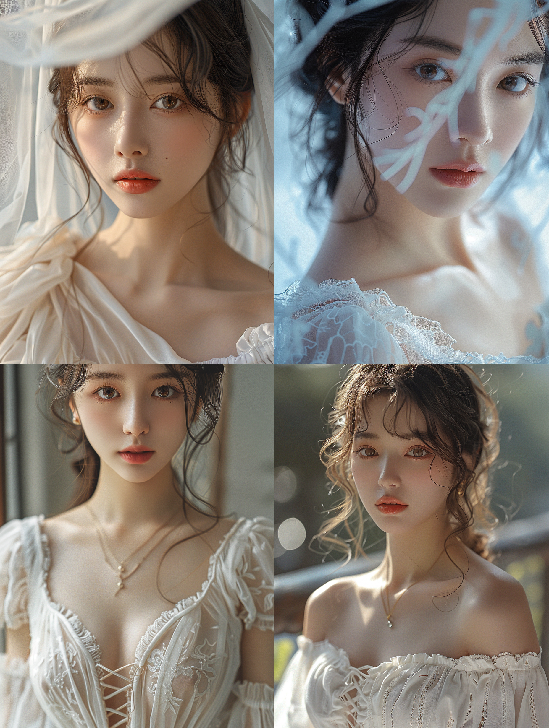 中国女孩iphone直闪照片，大眼睛，身材完美，妩媚，白色纱裙，边缘模糊，高质量，皮肤光滑白美，快速快门。