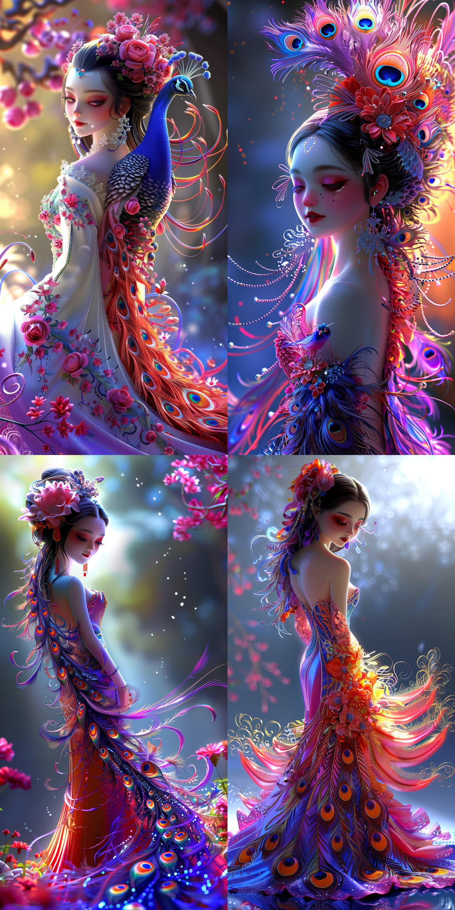 远景透视，全身。女演员端庄优雅的站立，身着孔雀翎装饰的盛装华服，孔雀翎装饰面部，面容精致，皮肤细腻，真实，色彩鲜艳丰富。快速捕捉瞬间。照片经过高清处理，呈现史诗级的效果。 酸性电子 美术馆 消失点构图 居中构图 柠檬黄 星空 脸谱