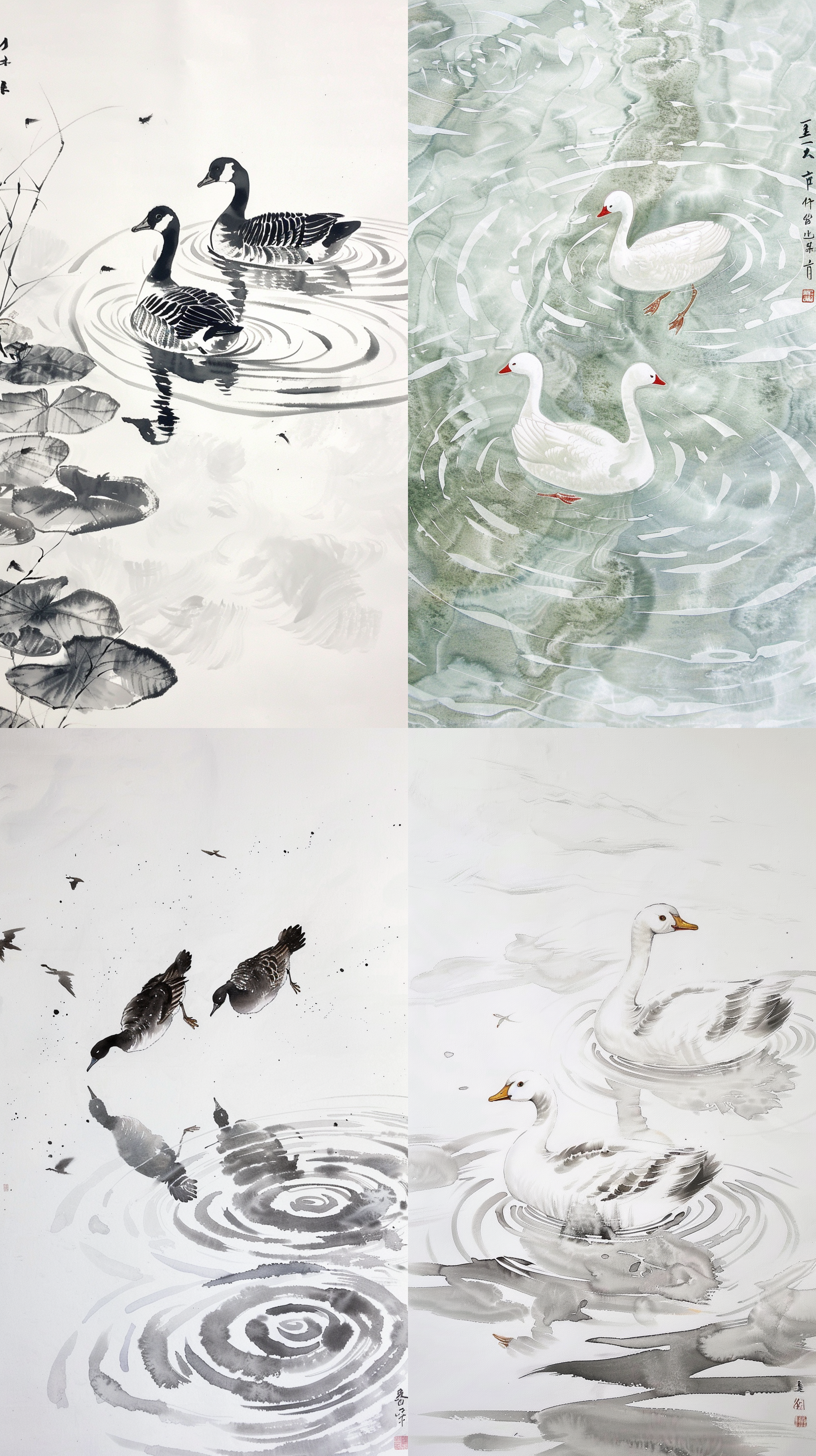 吴冠中风格的中国水彩画，双胞胎鹅在水中优雅游动，纯白色，水面清澈见底，干净透明，荡起涟漪