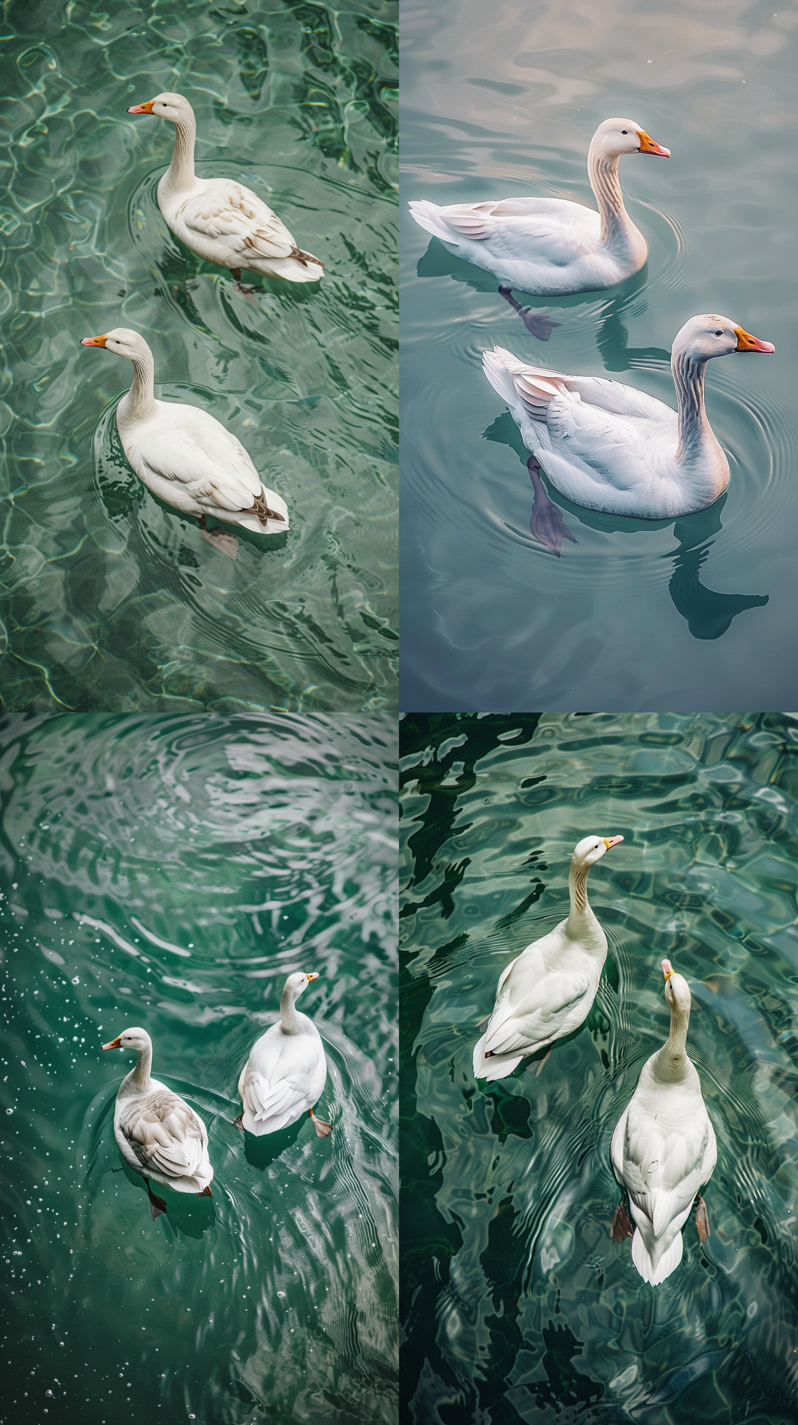 双胞胎纯白鹅，鹅在水中优雅游动，水面清澈见底，干净透明，荡起涟漪，相机摄影，超广角摄影，鸟瞰图，淡绿色背景，完美构图，佳能r5+70-200 f2.8，超高清，32k