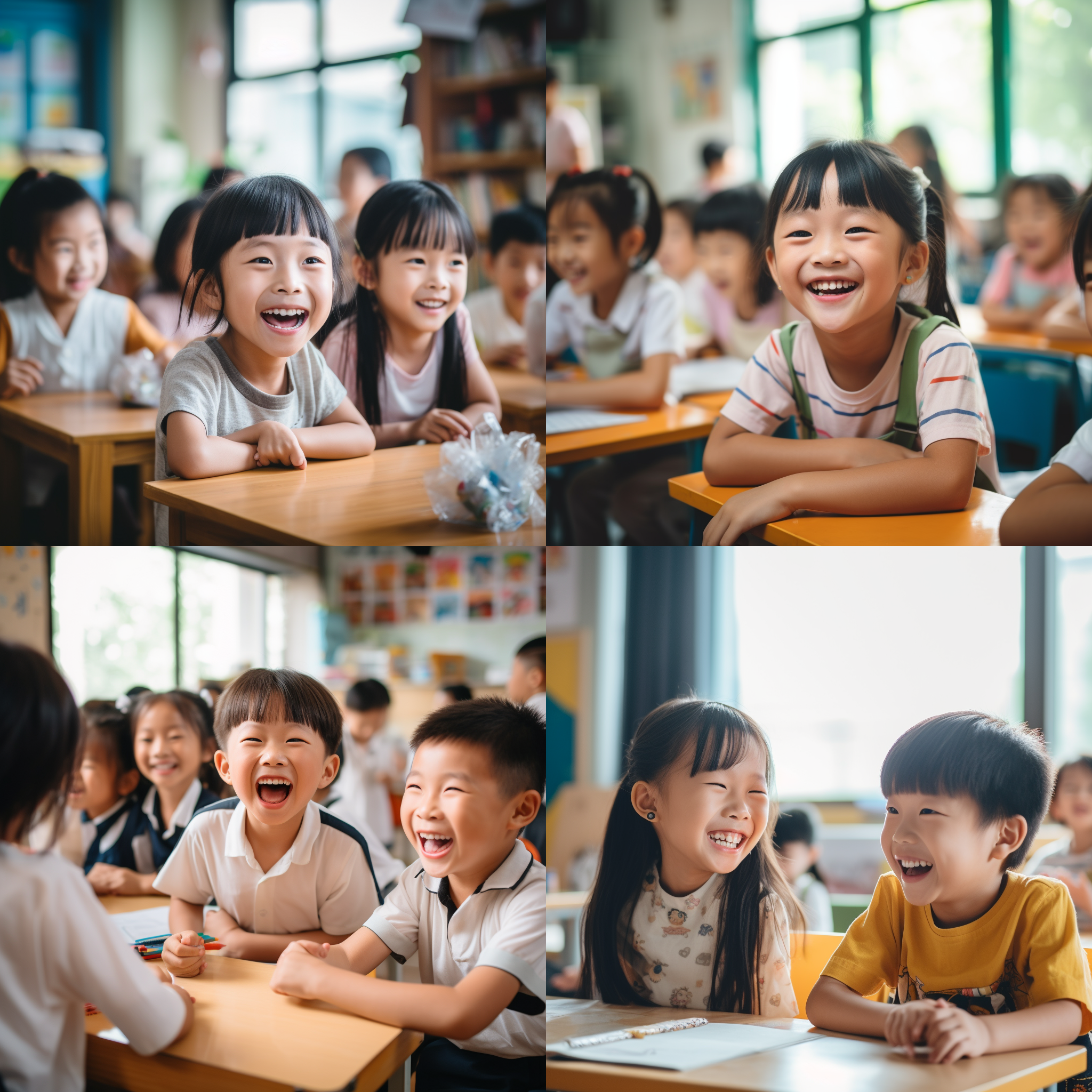 中国孩子，谈感情，背景模糊，教室，高清，广角镜头，自然光，微笑，轻松，亲密，温馨。