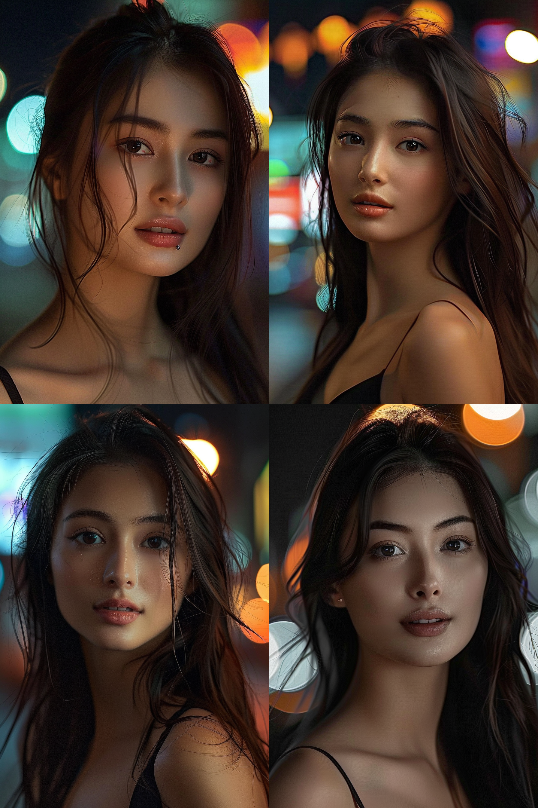 夜晚，华灯初上，身材高大的超模站在十字路口，她父亲是迈克尔·詹姆斯·欧文，她母亲是中国人，她黑发披肩，健美肌肉显露，白皙脸庞和大黑眼睛凸显出她的可爱，下颌线圆润，眼神坚定，嘴唇小巧可爱，靓丽的唇釉。全身照，高对比度，广角镜头，自然光线，自信表情