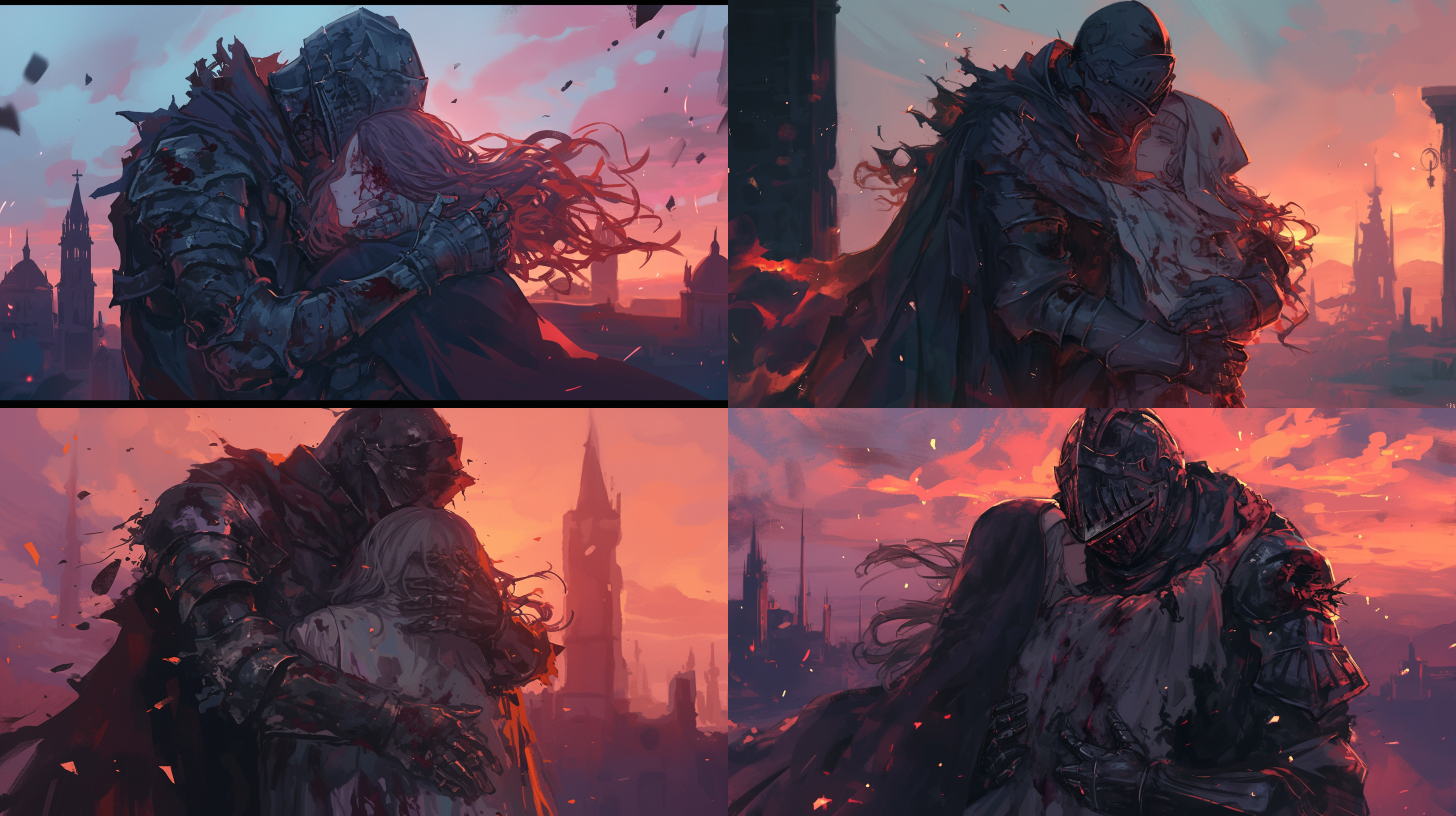 男骑士拥抱着失去生命的修女，男骑士脸上深红色的伤疤，修女身上伤痕累累，盔甲破旧，黄昏，色彩对比，废墟背景