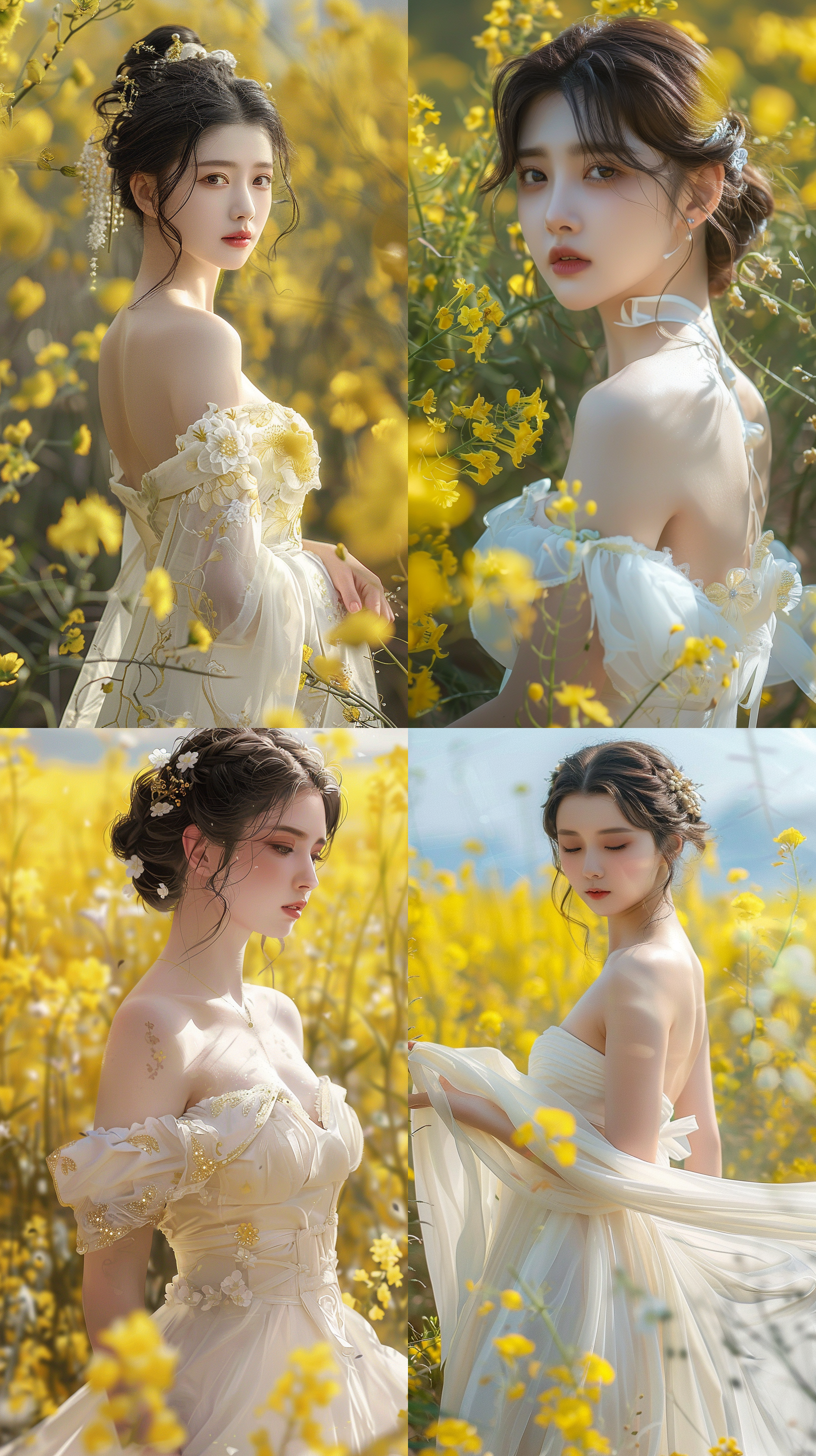 油菜花，白色抹胸汉服美女，身材丰满，皮肤白皙，写真风格，人像海报，4k画质。
