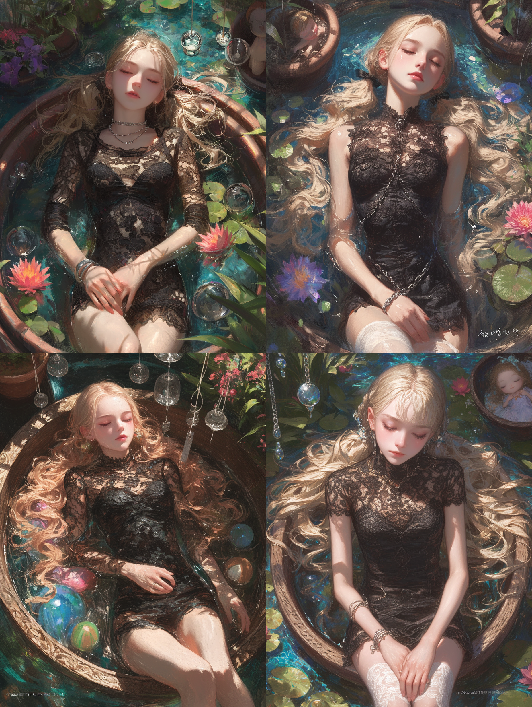 油画，古典油画风格，美少女穿着朋克式黑色蕾丝泳衣，锁链，尖锐饰物，俯视视图，两条腿放在褐色游泳圈上面，非常长的渐变橘红色双马尾，蜿蜒飞舞，水灵眼睛，大胆的动作设计，背景有盆栽，玩偶，风铃，水泡，画面有丰富的层次感，光影质感明显，透视构图，通透层次，不同颜色的眼睛，白色丝袜，画面高清清晰，画面细节丰富，笔触干净