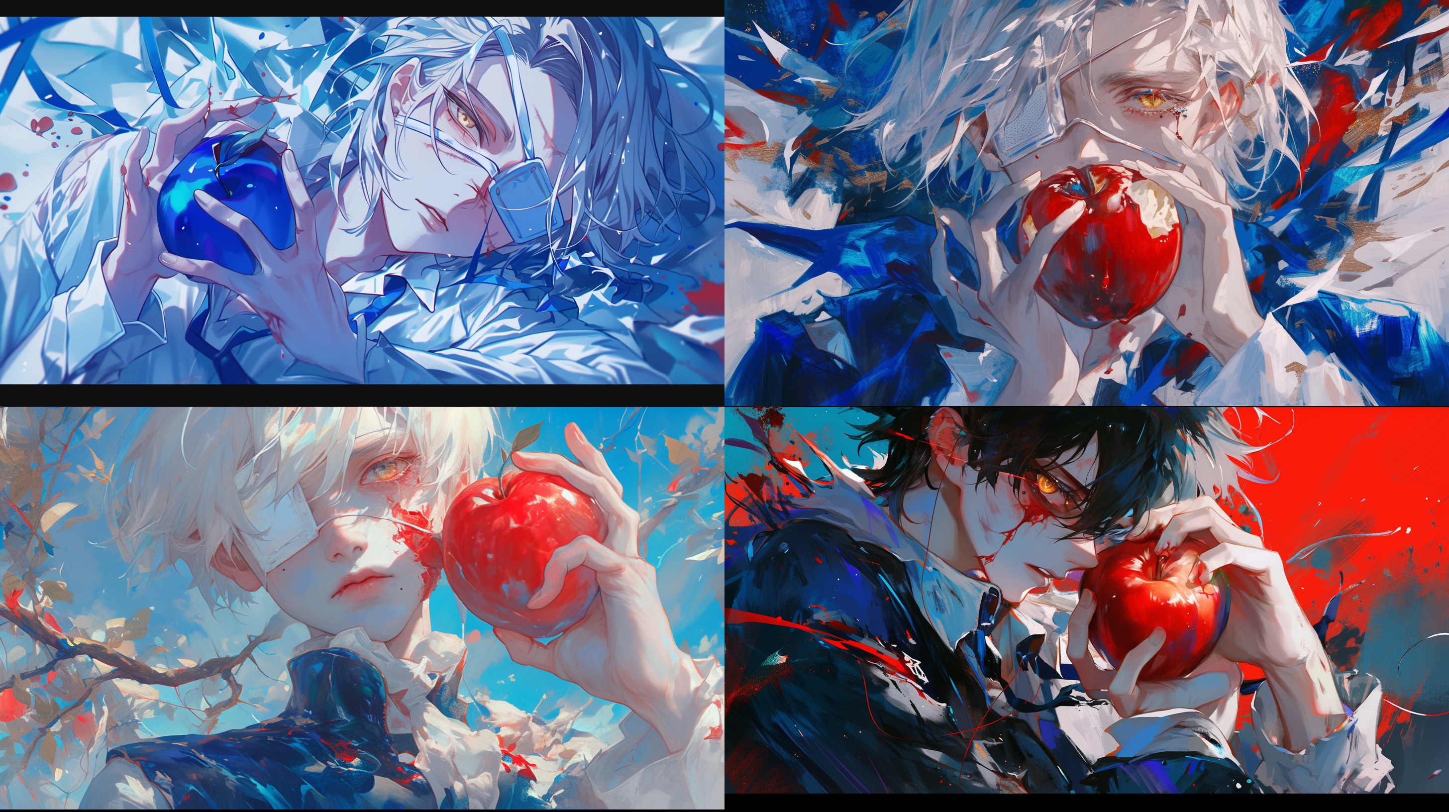 只有一只眼睛，失去右眼，右眼眼罩，苹果，伤口，白色短发，校园风格，金色眼睛，刘海盖住一半眼睛，伤口，（男人），破破烂烂的校服，帅哥，宽松的蓝白校服，糜颓，淡漠，无情，男人身材完美，男人，长睫毛，绝美五官，单人，眼睛下方的痣，含情眼，电影打光，高级感，朦胧美，丙烯颜料，厚涂，清晰的五官，漂亮清冷的成熟男性焦点，极致细节，高分辨率，氛围感，画面唯美，光影对比，油画艺术风格，细致画面，最高品质，精致的头发刻画，绚丽的光影，明暗分明，旷世巨作，k画质，线条清晰，多头发，多发丝，发丝分明，头发超细节， 完美身材比例