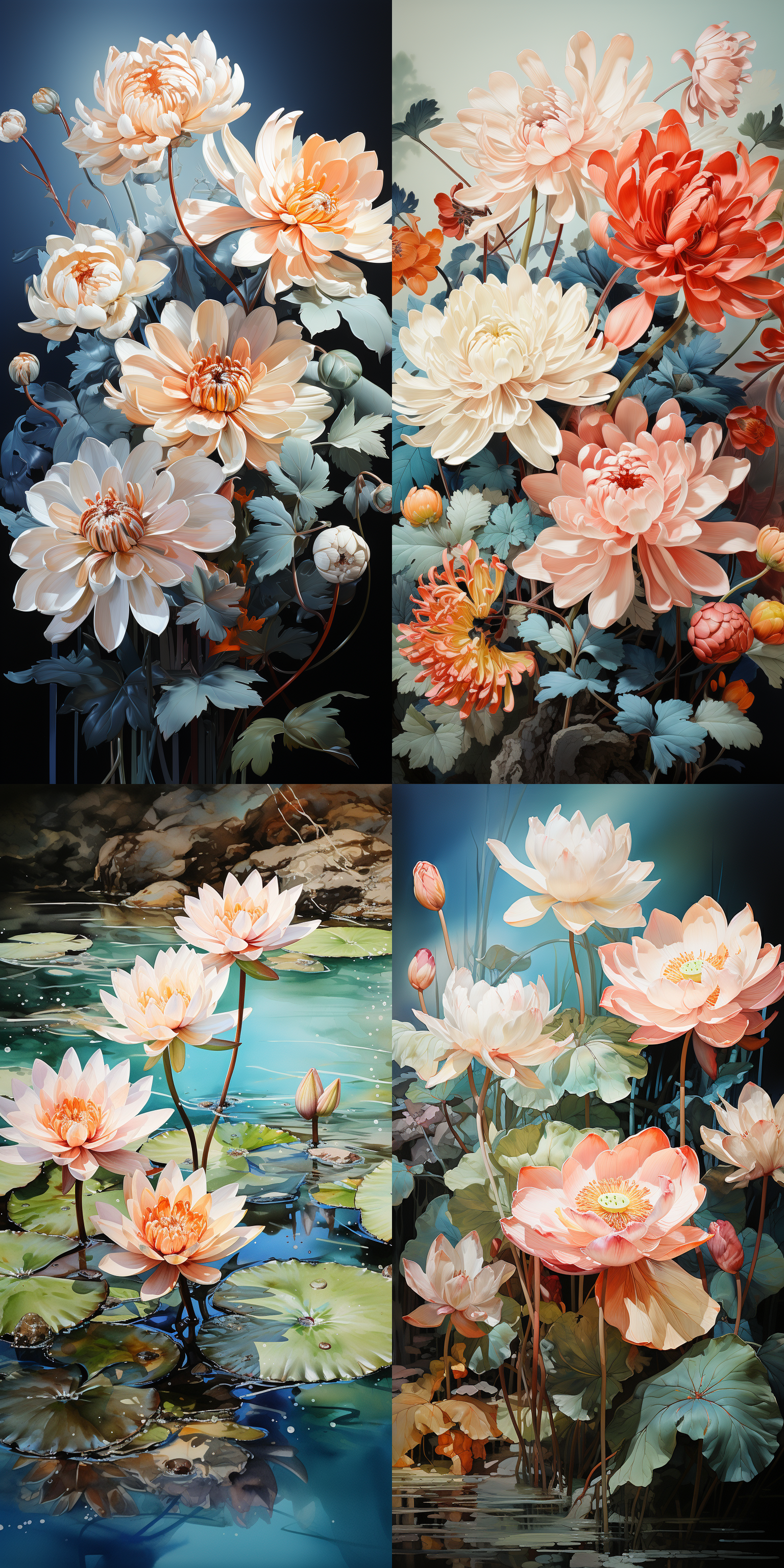 荷花盛开，蜻蜓停落，水面倒影，极高分辨率，自然光，细节丰富，清新色调，静态，和谐，立夏，天空。