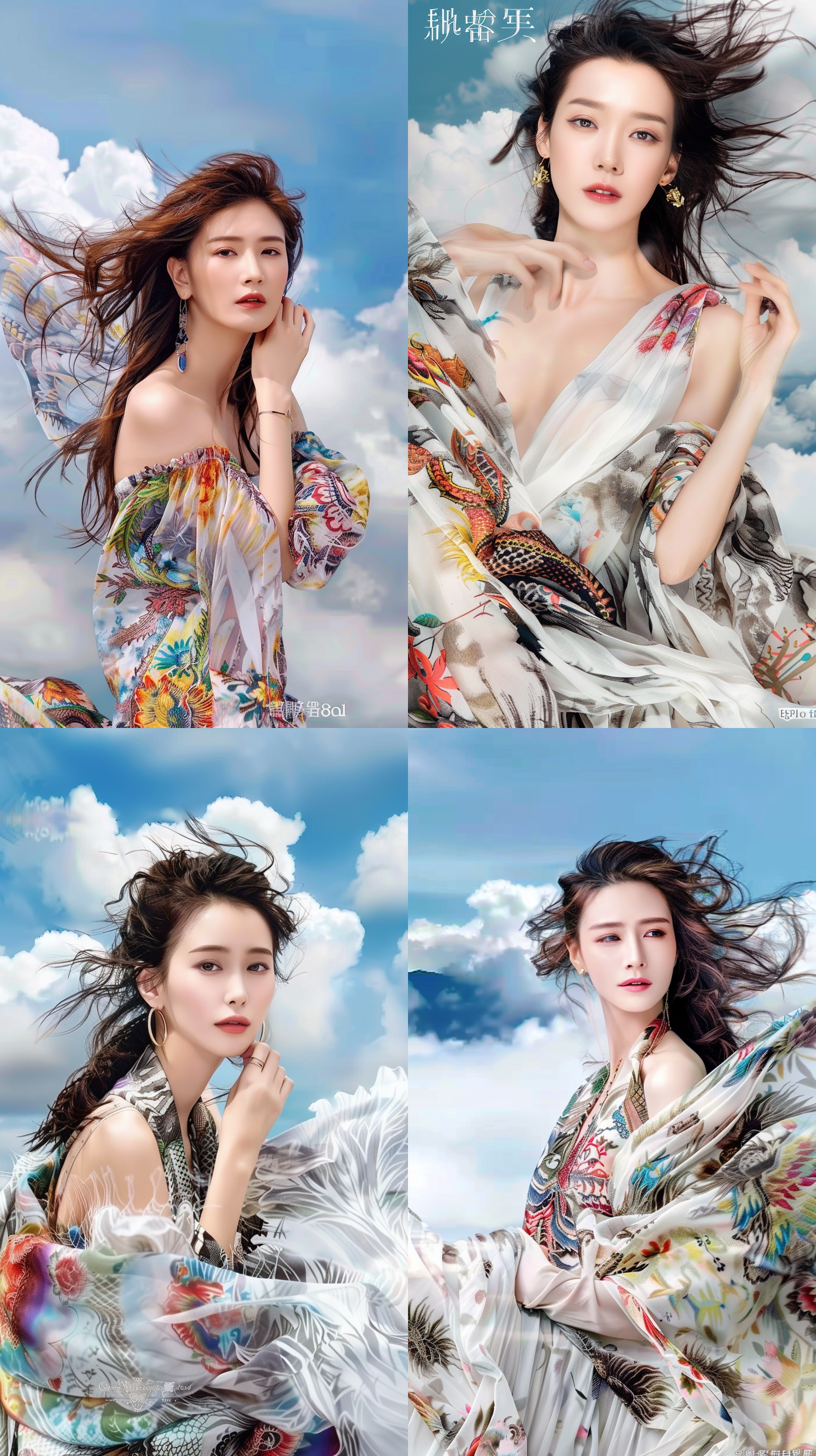 在龙形白云的映衬下，一位御姐范十足的美女，散发着雄伟而令人敬畏的气场。这是一个以 8k 高清拍摄的震撼场景，垂直格式呈现，广角镜头下的她，每一个细节都清晰可见。大气照明营造出高对比度的效果，使她的华丽色彩和庄严表情更加引人注目。强调了美女的御姐气质，与龙形白云的背景形成了强大的呼应。8k 高清拍摄和精心设计的画面展示了她的威严和魅力。