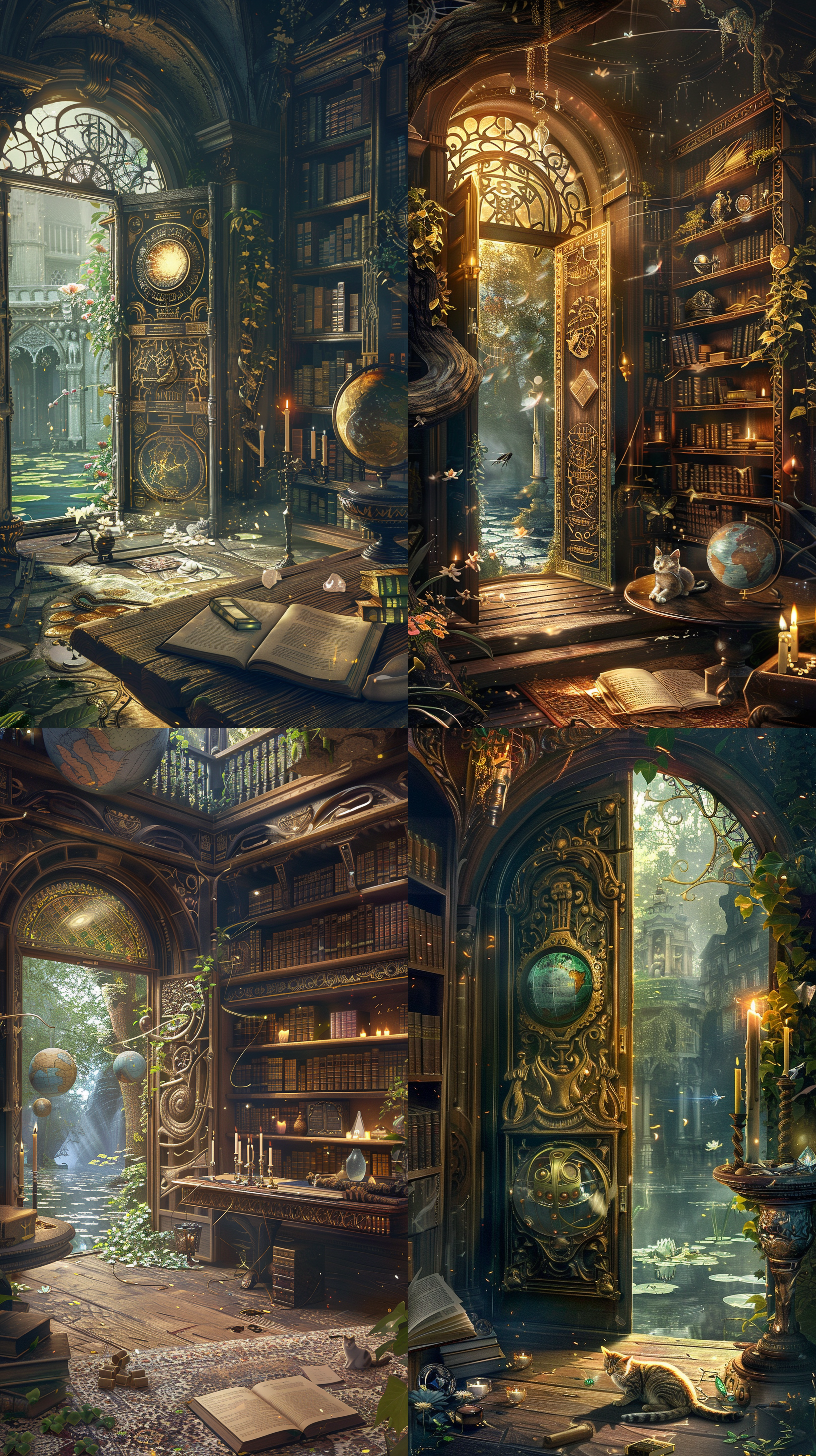 想象一下，在一个宁静的午后，一个古老的图书馆坐落在一片神秘的森林中。图书馆的扭曲木门半敞开，透露出室内柔和的金色灯光。门上镶嵌着复杂的图案和象征符号，看起来像是用古代的语言雕刻的。进入图书馆的一瞬间，你就能看到漂浮在空中的书籍，它们的页面轻轻翻动，仿佛在低语。有些书籍散发着淡淡的光辉，而有些则紧闭着，上面镶嵌着奇珍宝石。 在房间的正中央，一张巨大的木制桌子上摆放着一个古铜色的天球仪，它缓缓转动，展现出一个未知的星系。桌子上还有一篇散发着淡淡魔力的羊皮纸卷轴，周围点缀着燃烧着稀奇古怪火焰的烛台。房间的角落里，一个高大的镂空书架靠墙而立，上面放满了种类繁多的神秘药瓶和发出微光的水晶球。 图书馔每个角落都弥漫着历史的气息和探险的诱惑。一只有着明智眼睛的猫咪静静卧在窗边，窗外是一片静谧的湖泊，水面上漂浮着几朵莲花，偶尔有蜻蜓停留在其上。这个场景是探索未知的完美装置，等待着冒险者来解开它的秘密。
