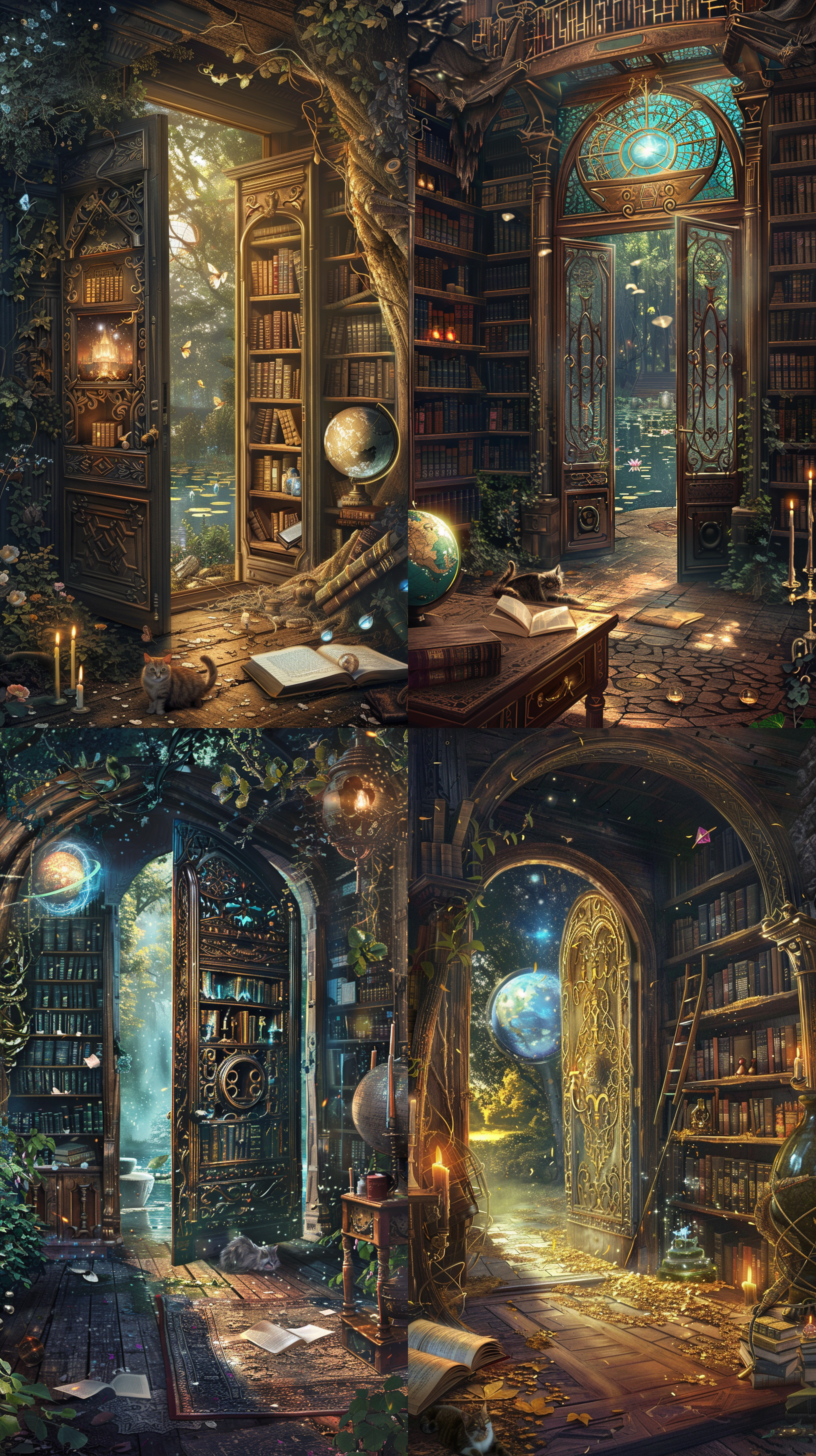 想象一下，在一个宁静的午后，一个古老的图书馆坐落在一片神秘的森林中。图书馆的扭曲木门半敞开，透露出室内柔和的金色灯光。门上镶嵌着复杂的图案和象征符号，看起来像是用古代的语言雕刻的。进入图书馆的一瞬间，你就能看到漂浮在空中的书籍，它们的页面轻轻翻动，仿佛在低语。有些书籍散发着淡淡的光辉，而有些则紧闭着，上面镶嵌着奇珍宝石。 在房间的正中央，一张巨大的木制桌子上摆放着一个古铜色的天球仪，它缓缓转动，展现出一个未知的星系。桌子上还有一篇散发着淡淡魔力的羊皮纸卷轴，周围点缀着燃烧着稀奇古怪火焰的烛台。房间的角落里，一个高大的镂空书架靠墙而立，上面放满了种类繁多的神秘药瓶和发出微光的水晶球。 图书馔每个角落都弥漫着历史的气息和探险的诱惑。一只有着明智眼睛的猫咪静静卧在窗边，窗外是一片静谧的湖泊，水面上漂浮着几朵莲花，偶尔有蜻蜓停留在其上。这个场景是探索未知的完美装置，等待着冒险者来解开它的秘密。