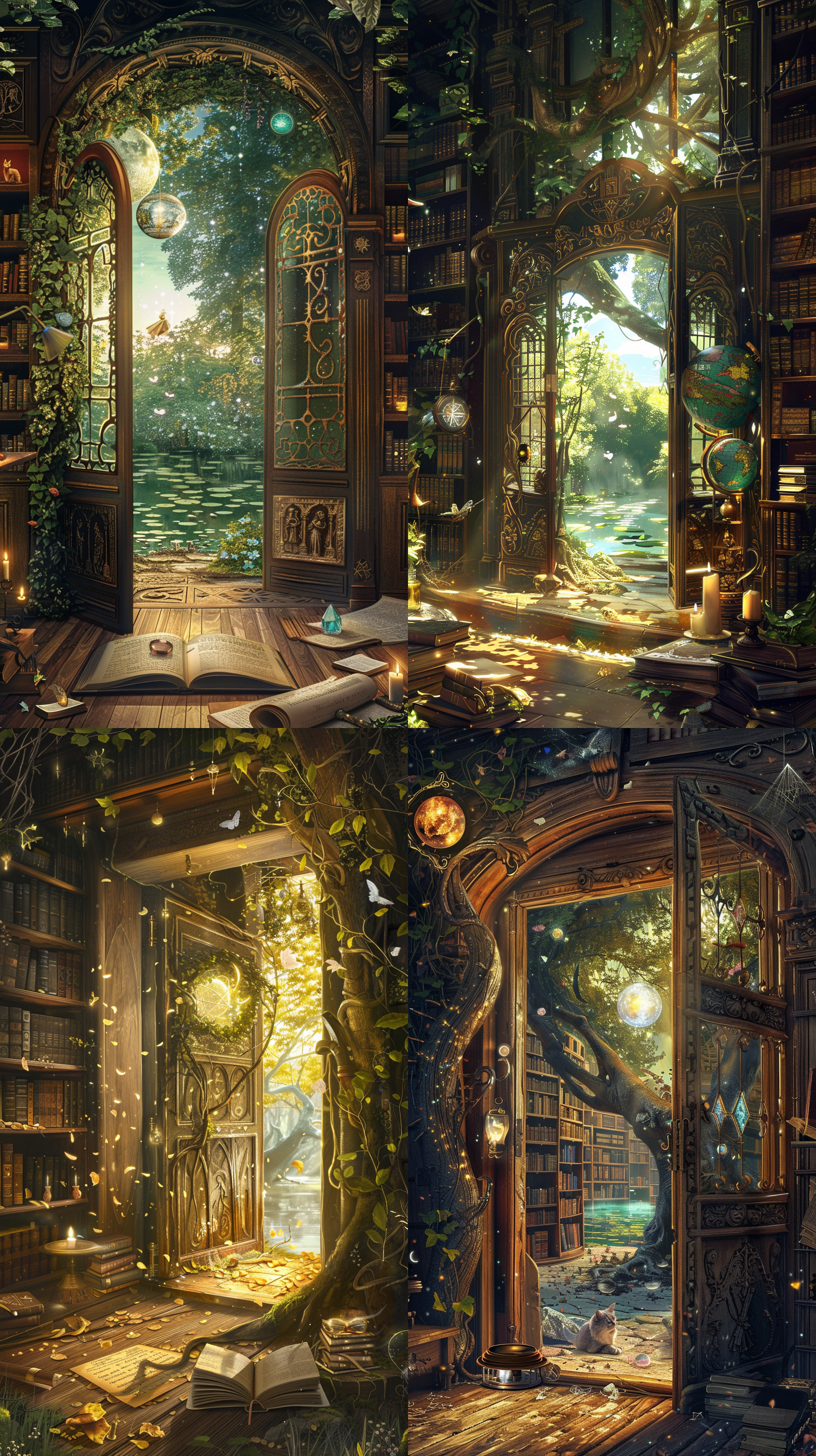 想象一下，在一个宁静的午后，一个古老的图书馆坐落在一片神秘的森林中。图书馆的扭曲木门半敞开，透露出室内柔和的金色灯光。门上镶嵌着复杂的图案和象征符号，看起来像是用古代的语言雕刻的。进入图书馆的一瞬间，你就能看到漂浮在空中的书籍，它们的页面轻轻翻动，仿佛在低语。有些书籍散发着淡淡的光辉，而有些则紧闭着，上面镶嵌着奇珍宝石。 在房间的正中央，一张巨大的木制桌子上摆放着一个古铜色的天球仪，它缓缓转动，展现出一个未知的星系。桌子上还有一篇散发着淡淡魔力的羊皮纸卷轴，周围点缀着燃烧着稀奇古怪火焰的烛台。房间的角落里，一个高大的镂空书架靠墙而立，上面放满了种类繁多的神秘药瓶和发出微光的水晶球。 图书馔每个角落都弥漫着历史的气息和探险的诱惑。一只有着明智眼睛的猫咪静静卧在窗边，窗外是一片静谧的湖泊，水面上漂浮着几朵莲花，偶尔有蜻蜓停留在其上。这个场景是探索未知的完美装置，等待着冒险者来解开它的秘密。