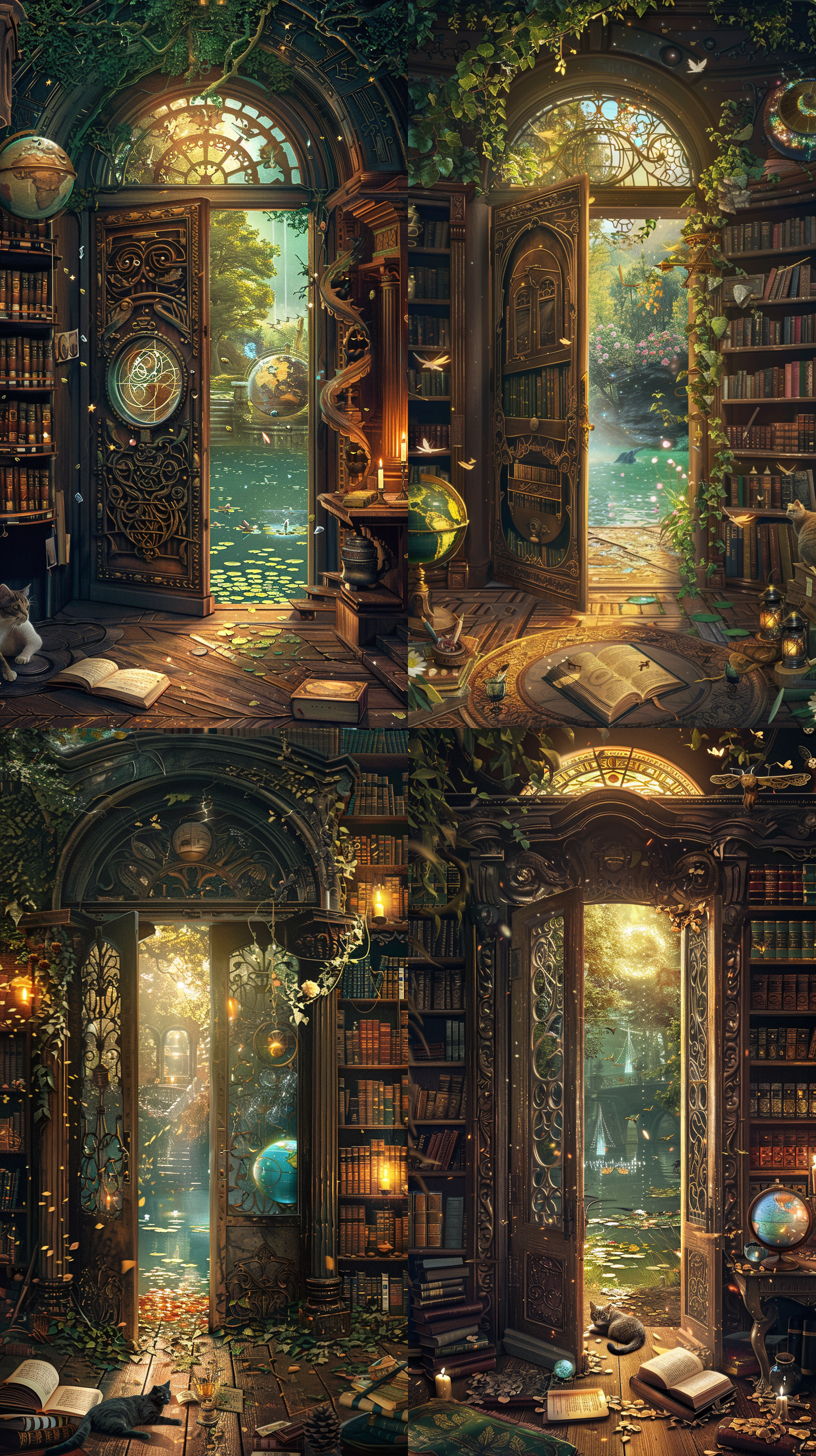想象一下，在一个宁静的午后，一个古老的图书馆坐落在一片神秘的森林中。图书馆的扭曲木门半敞开，透露出室内柔和的金色灯光。门上镶嵌着复杂的图案和象征符号，看起来像是用古代的语言雕刻的。进入图书馆的一瞬间，你就能看到漂浮在空中的书籍，它们的页面轻轻翻动，仿佛在低语。有些书籍散发着淡淡的光辉，而有些则紧闭着，上面镶嵌着奇珍宝石。 在房间的正中央，一张巨大的木制桌子上摆放着一个古铜色的天球仪，它缓缓转动，展现出一个未知的星系。桌子上还有一篇散发着淡淡魔力的羊皮纸卷轴，周围点缀着燃烧着稀奇古怪火焰的烛台。房间的角落里，一个高大的镂空书架靠墙而立，上面放满了种类繁多的神秘药瓶和发出微光的水晶球。 图书馔每个角落都弥漫着历史的气息和探险的诱惑。一只有着明智眼睛的猫咪静静卧在窗边，窗外是一片静谧的湖泊，水面上漂浮着几朵莲花，偶尔有蜻蜓停留在其上。这个场景是探索未知的完美装置，等待着冒险者来解开它的秘密。