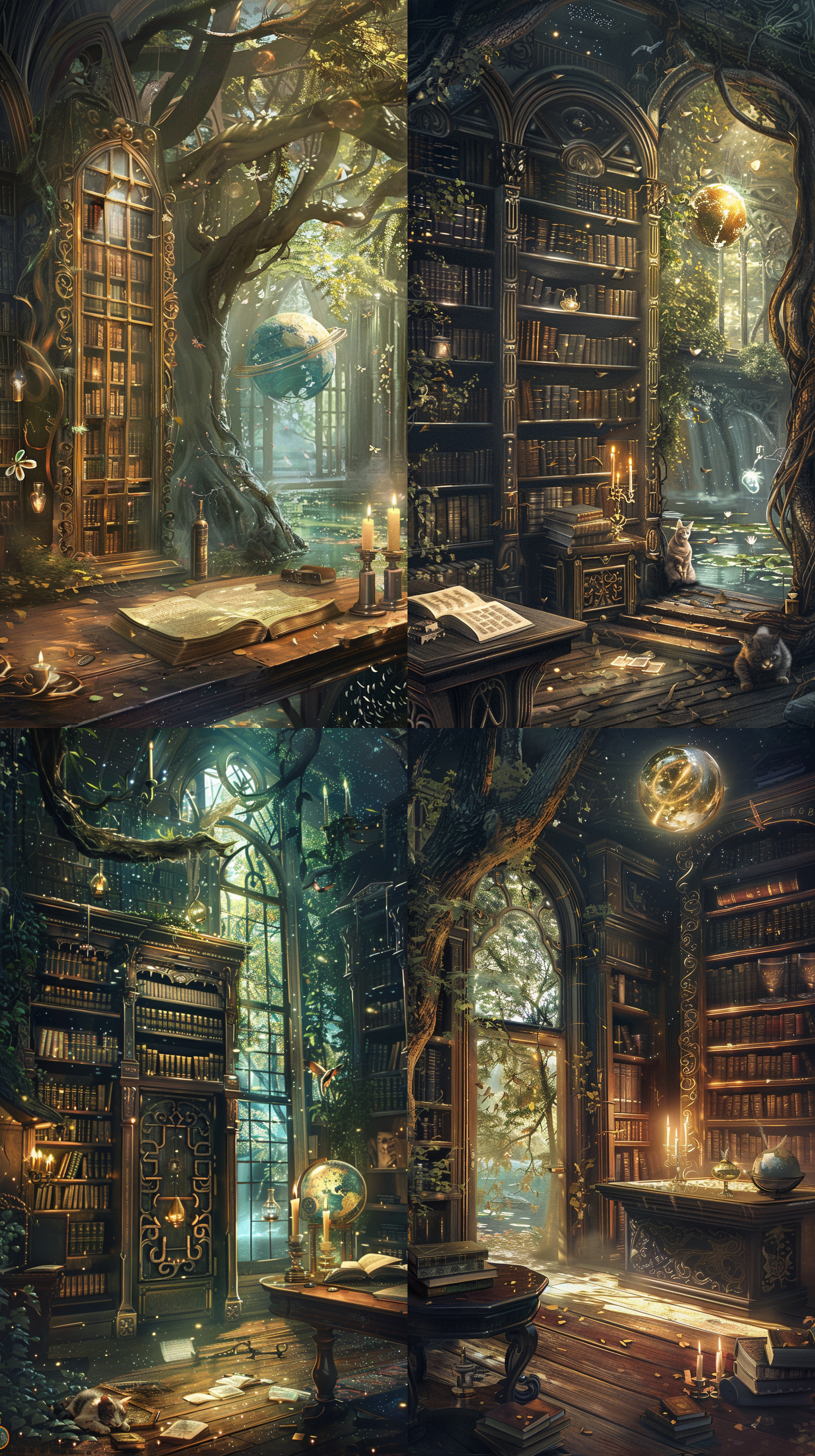 想象一下，在一个宁静的午后，一个古老的图书馆坐落在一片神秘的森林中。图书馆的扭曲木门半敞开，透露出室内柔和的金色灯光。门上镶嵌着复杂的图案和象征符号，看起来像是用古代的语言雕刻的。进入图书馆的一瞬间，你就能看到漂浮在空中的书籍，它们的页面轻轻翻动，仿佛在低语。有些书籍散发着淡淡的光辉，而有些则紧闭着，上面镶嵌着奇珍宝石。 在房间的正中央，一张巨大的木制桌子上摆放着一个古铜色的天球仪，它缓缓转动，展现出一个未知的星系。桌子上还有一篇散发着淡淡魔力的羊皮纸卷轴，周围点缀着燃烧着稀奇古怪火焰的烛台。房间的角落里，一个高大的镂空书架靠墙而立，上面放满了种类繁多的神秘药瓶和发出微光的水晶球。 图书馔每个角落都弥漫着历史的气息和探险的诱惑。一只有着明智眼睛的猫咪静静卧在窗边，窗外是一片静谧的湖泊，水面上漂浮着几朵莲花，偶尔有蜻蜓停留在其上。这个场景是探索未知的完美装置，等待着冒险者来解开它的秘密。