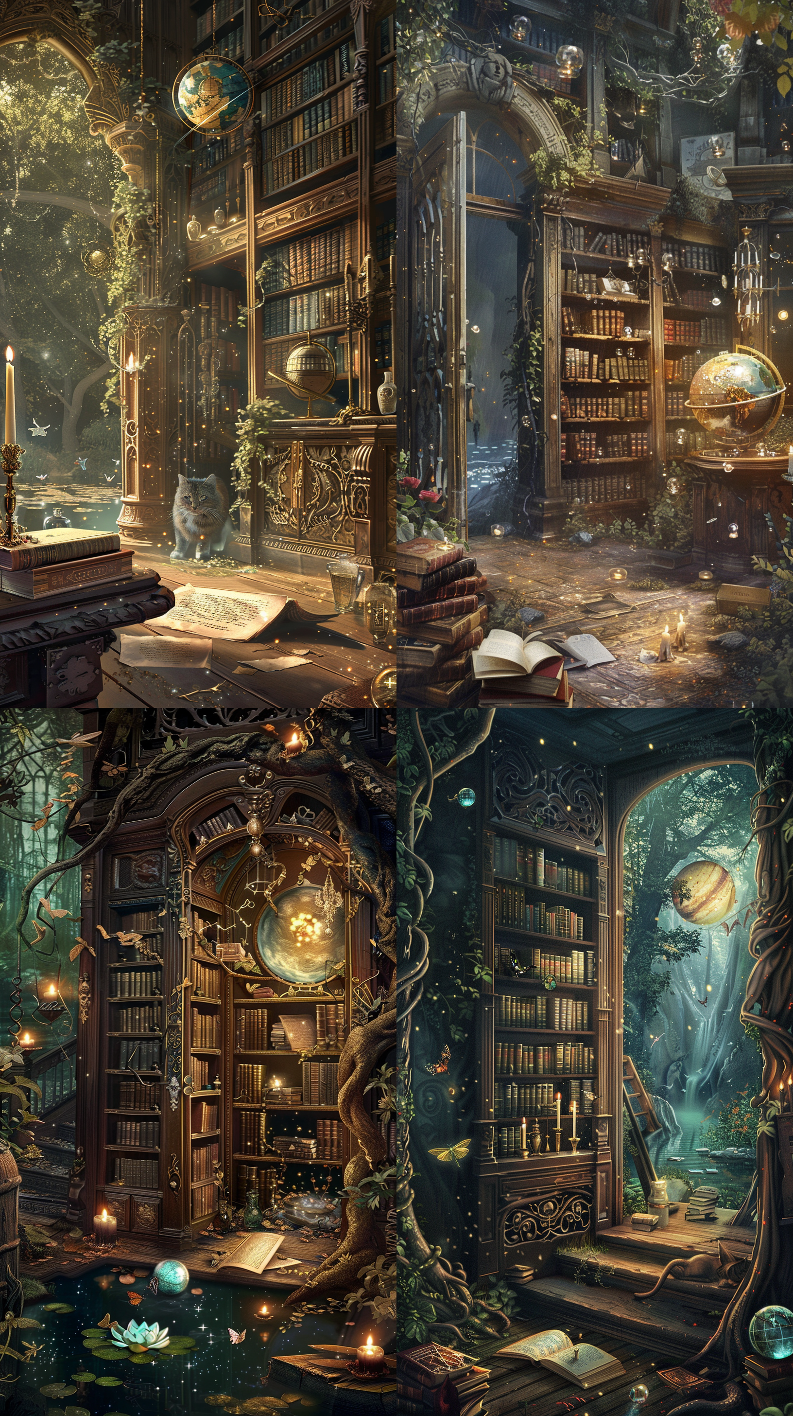 想象一下，在一个宁静的午后，一个古老的图书馆坐落在一片神秘的森林中。图书馆的扭曲木门半敞开，透露出室内柔和的金色灯光。门上镶嵌着复杂的图案和象征符号，看起来像是用古代的语言雕刻的。进入图书馆的一瞬间，你就能看到漂浮在空中的书籍，它们的页面轻轻翻动，仿佛在低语。有些书籍散发着淡淡的光辉，而有些则紧闭着，上面镶嵌着奇珍宝石。 在房间的正中央，一张巨大的木制桌子上摆放着一个古铜色的天球仪，它缓缓转动，展现出一个未知的星系。桌子上还有一篇散发着淡淡魔力的羊皮纸卷轴，周围点缀着燃烧着稀奇古怪火焰的烛台。房间的角落里，一个高大的镂空书架靠墙而立，上面放满了种类繁多的神秘药瓶和发出微光的水晶球。 图书馔每个角落都弥漫着历史的气息和探险的诱惑。一只有着明智眼睛的猫咪静静卧在窗边，窗外是一片静谧的湖泊，水面上漂浮着几朵莲花，偶尔有蜻蜓停留在其上。这个场景是探索未知的完美装置，等待着冒险者来解开它的秘密。