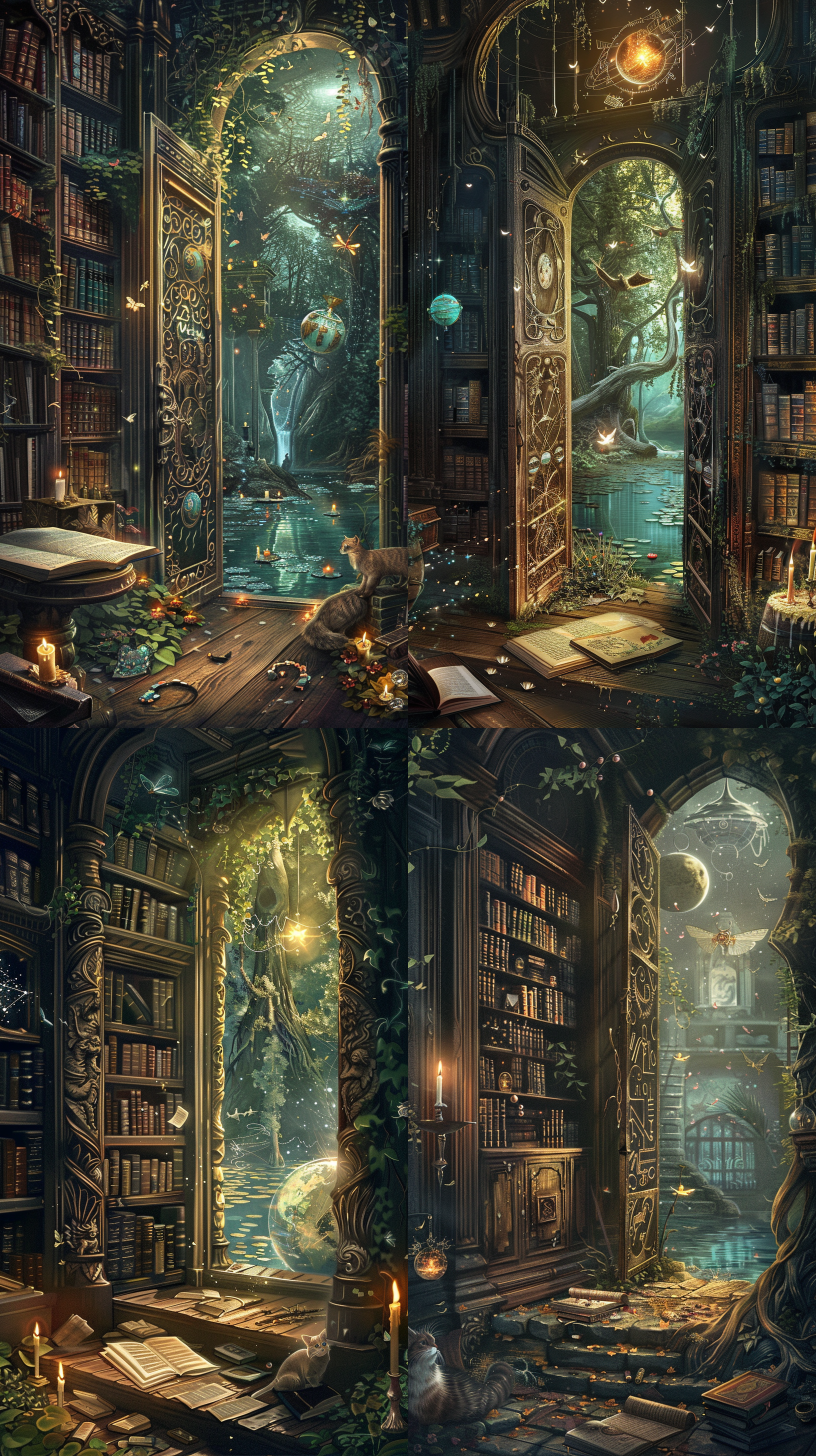 想象一下，在一个宁静的午后，一个古老的图书馆坐落在一片神秘的森林中。图书馆的扭曲木门半敞开，透露出室内柔和的金色灯光。门上镶嵌着复杂的图案和象征符号，看起来像是用古代的语言雕刻的。进入图书馆的一瞬间，你就能看到漂浮在空中的书籍，它们的页面轻轻翻动，仿佛在低语。有些书籍散发着淡淡的光辉，而有些则紧闭着，上面镶嵌着奇珍宝石。 在房间的正中央，一张巨大的木制桌子上摆放着一个古铜色的天球仪，它缓缓转动，展现出一个未知的星系。桌子上还有一篇散发着淡淡魔力的羊皮纸卷轴，周围点缀着燃烧着稀奇古怪火焰的烛台。房间的角落里，一个高大的镂空书架靠墙而立，上面放满了种类繁多的神秘药瓶和发出微光的水晶球。 图书馔每个角落都弥漫着历史的气息和探险的诱惑。一只有着明智眼睛的猫咪静静卧在窗边，窗外是一片静谧的湖泊，水面上漂浮着几朵莲花，偶尔有蜻蜓停留在其上。这个场景是探索未知的完美装置，等待着冒险者来解开它的秘密。