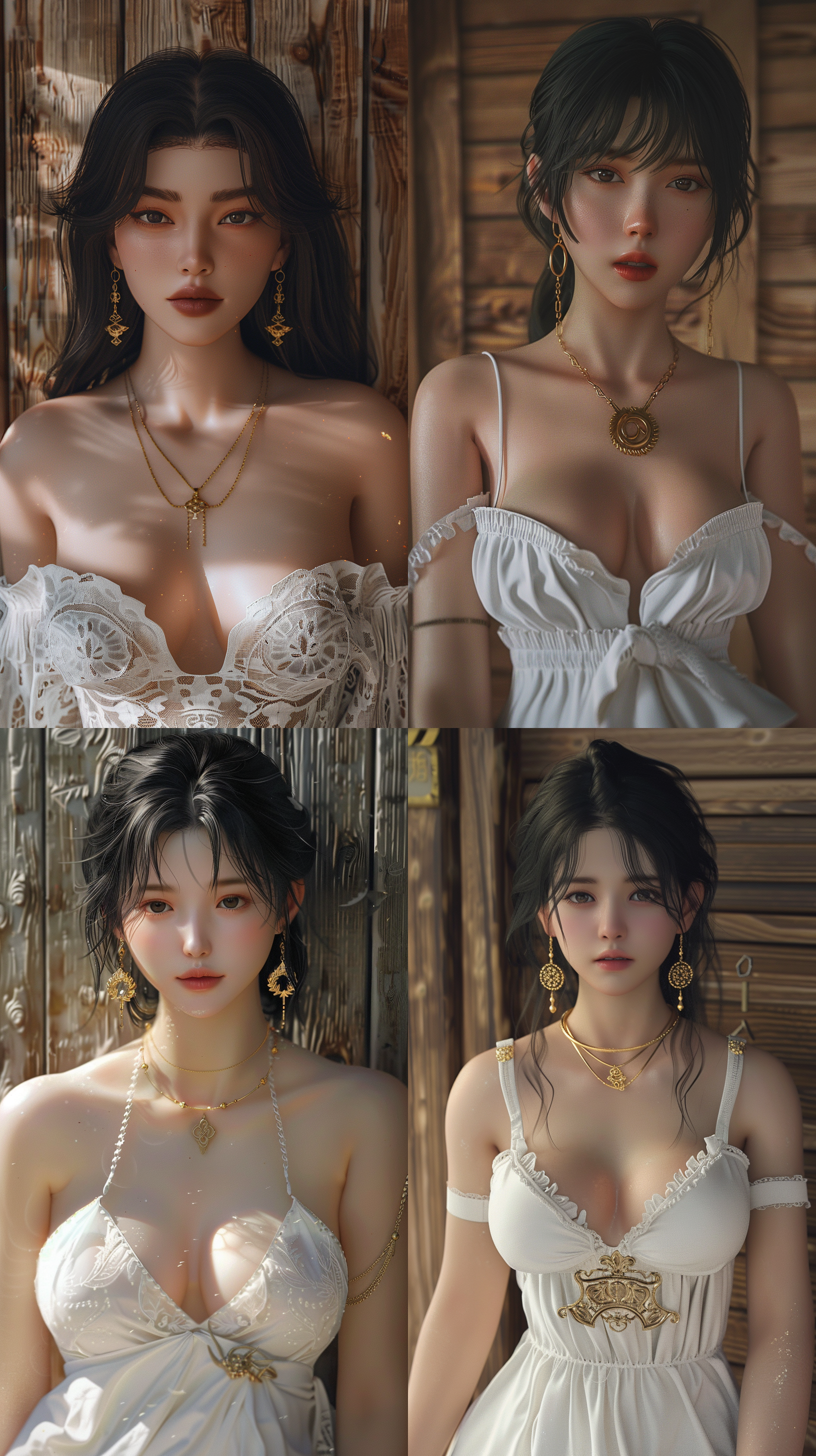 黑发东方女孩，白色连衣裙，丰满身材，金耳环，金项链，真实照片，清晰细节，木质背景，标签齐全，快乐阳光，时尚，服装 - 虹6 - 外观1:2 - 放松 - 风格化710