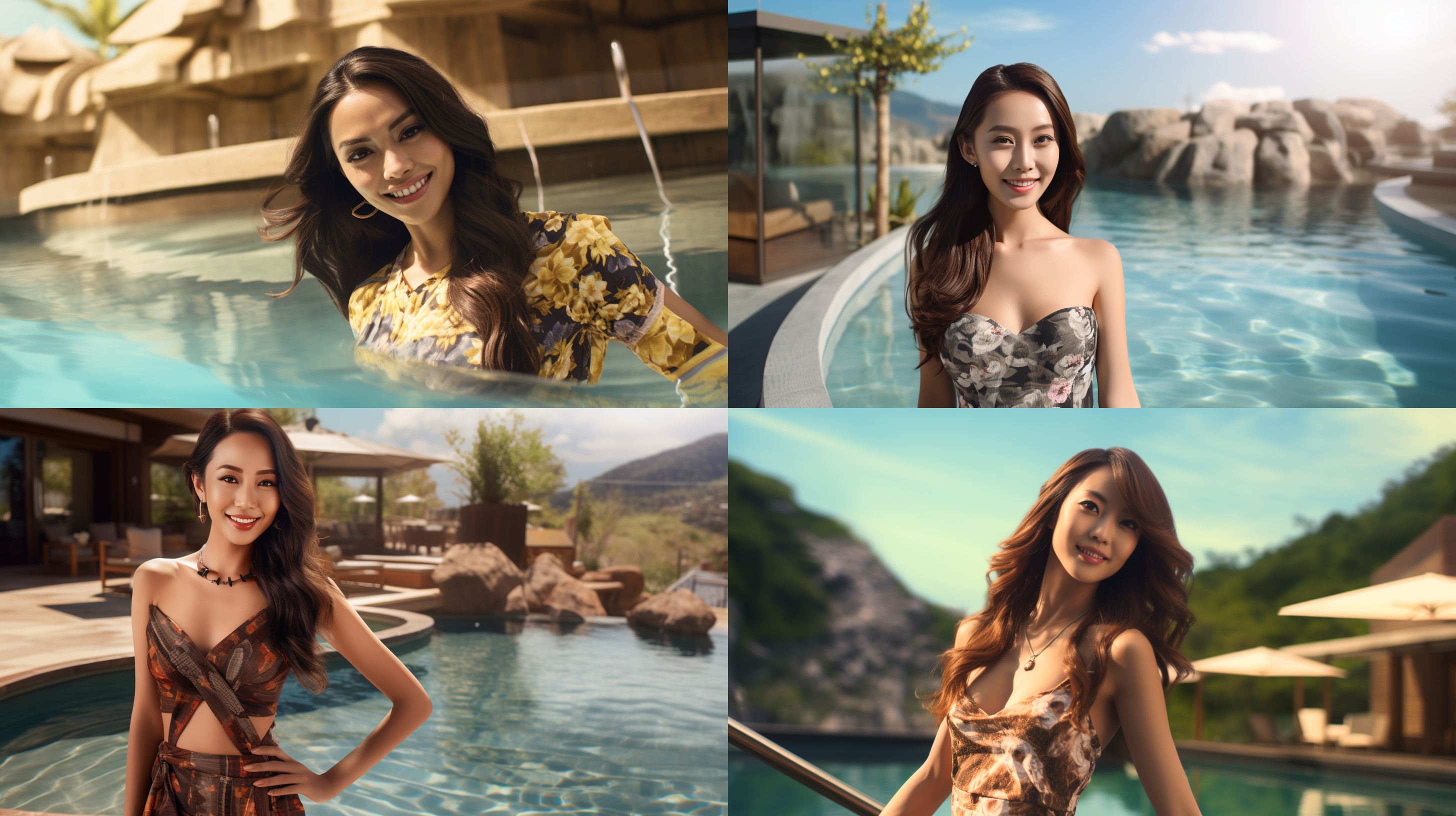 泳池，亚洲美女，比基尼，写实，写真，8k，全景镜头，自然肤色，微笑，室外环境，8k，细节丰富