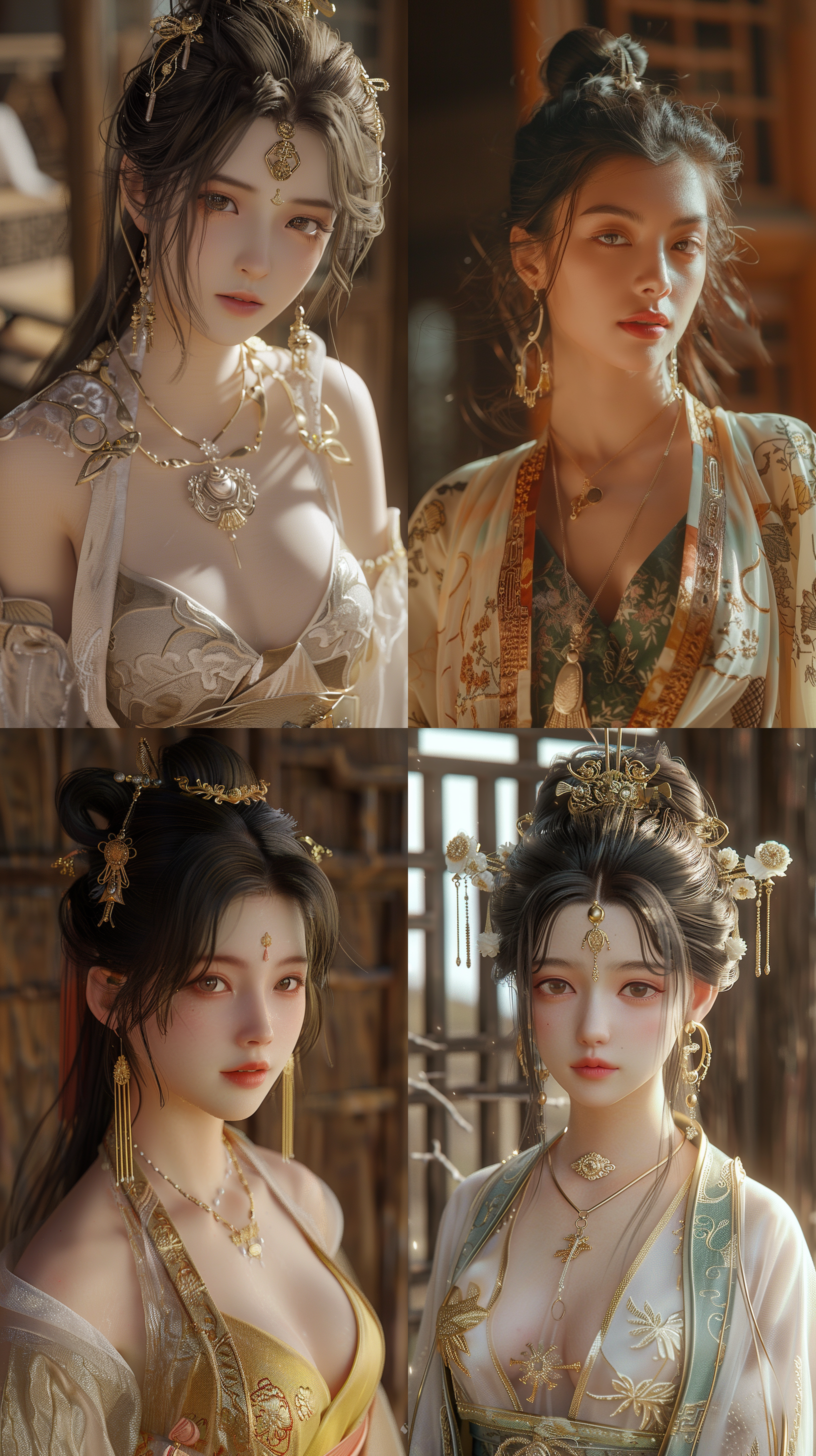 东方汉服女孩，丰满身材，金耳环，金项链，真实照片，清晰细节，木质背景，标签齐全，快乐阳光，时尚，服装 - 虹3 - 外观1:2 - 放松 - 风格化710