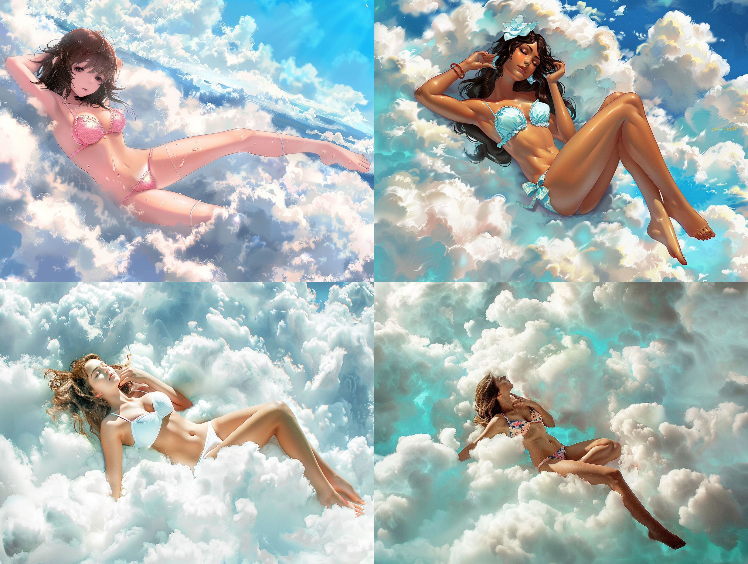 少女比基尼，躺在云上，梦幻，商业插画，高清分辨率，温暖治愈，高度详细，广角镜头，高清画质, 蓝色，放松，快门速度快