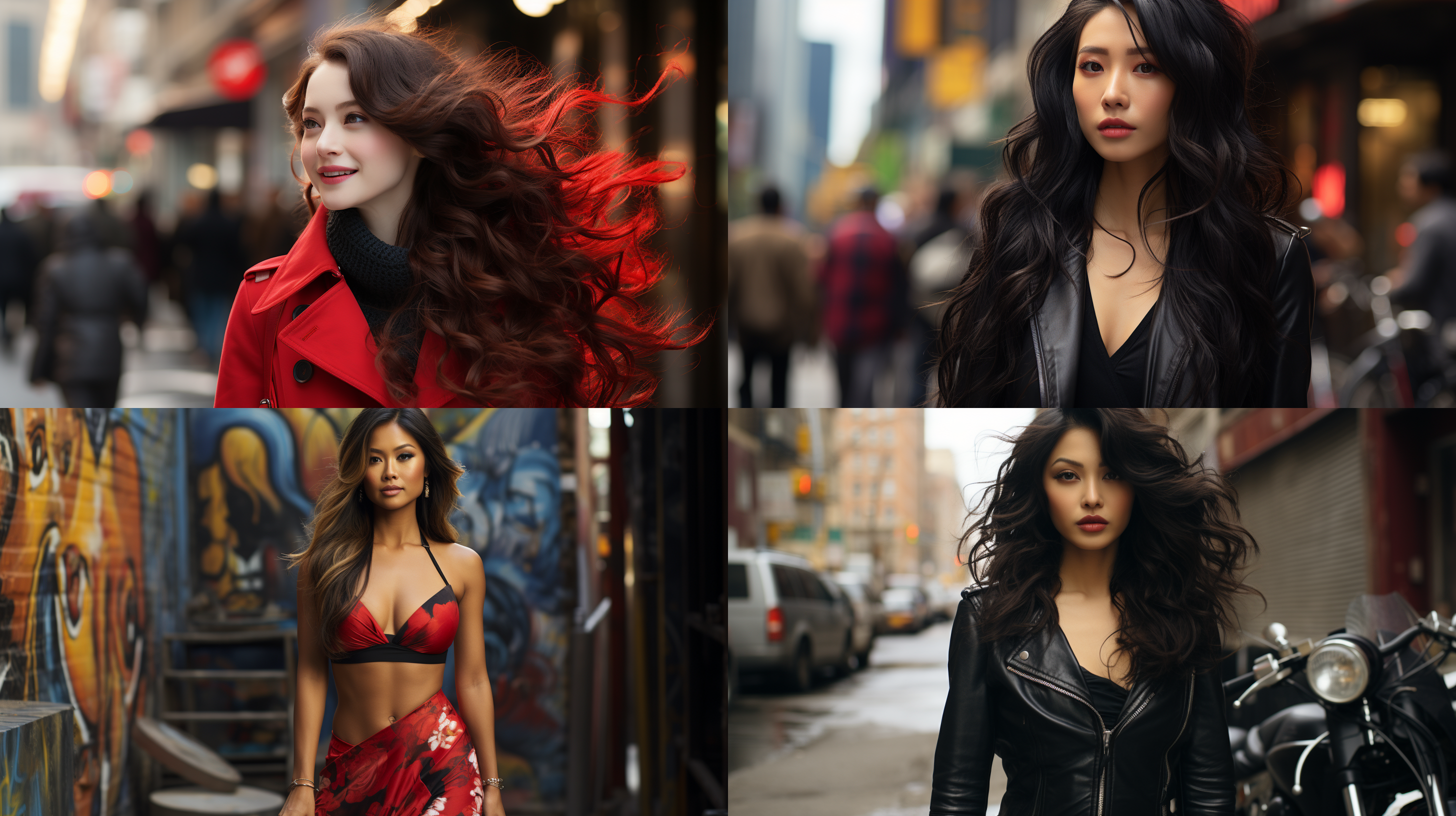 东方美女在街道上购物，全身照，精致的皮肤纹理，写真，超细节，超细腻，长发飘飘，干练，红唇，8k画质，御姐，街道，写实，超细节，超细腻，8k画质