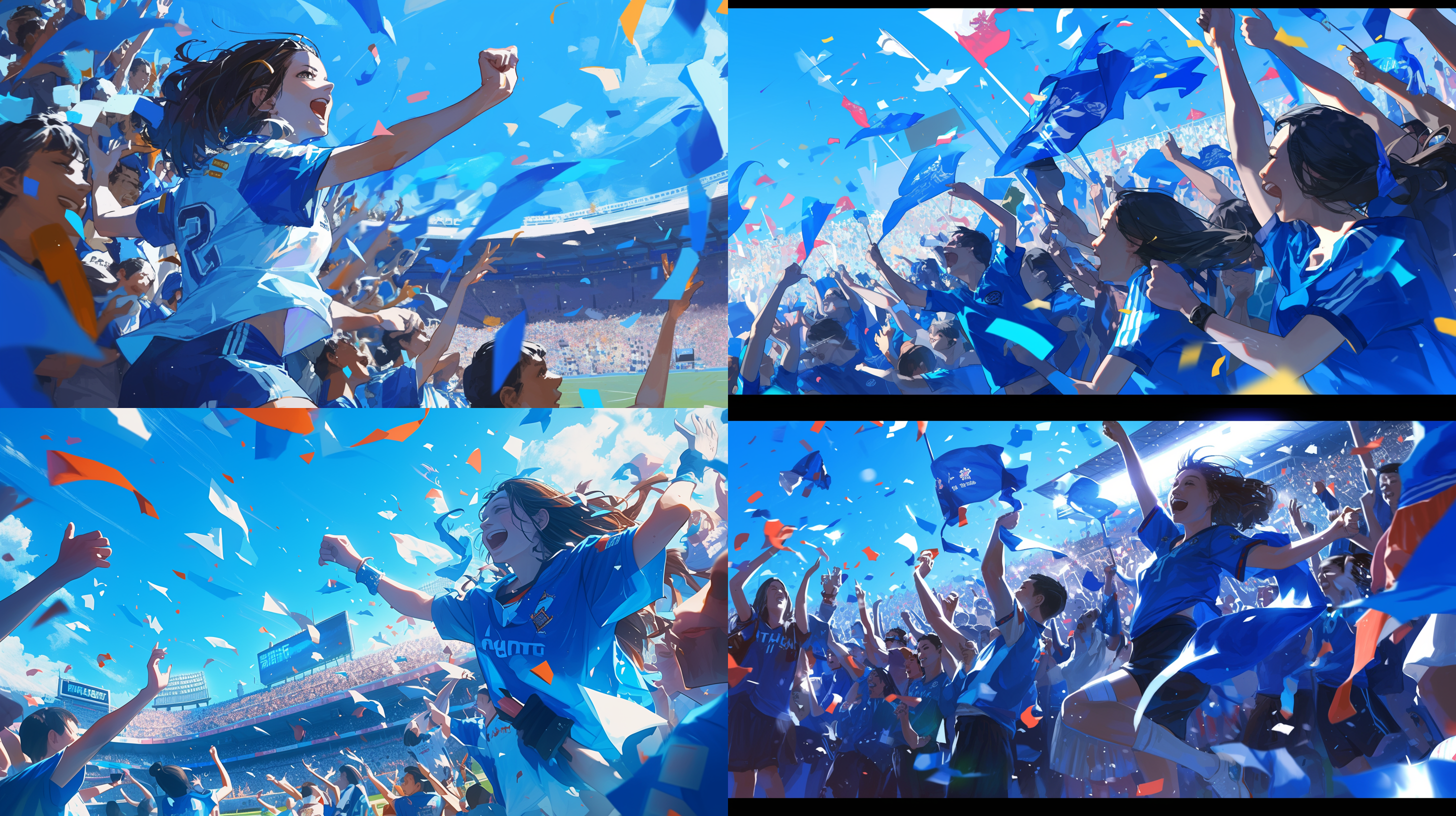 上海申花足球队，进球瞬间，虹口体育场，美女球迷庆祝，狂热，动作，长焦镜头，高速快门，光影，瞬间抓拍，激情，蓝色调。