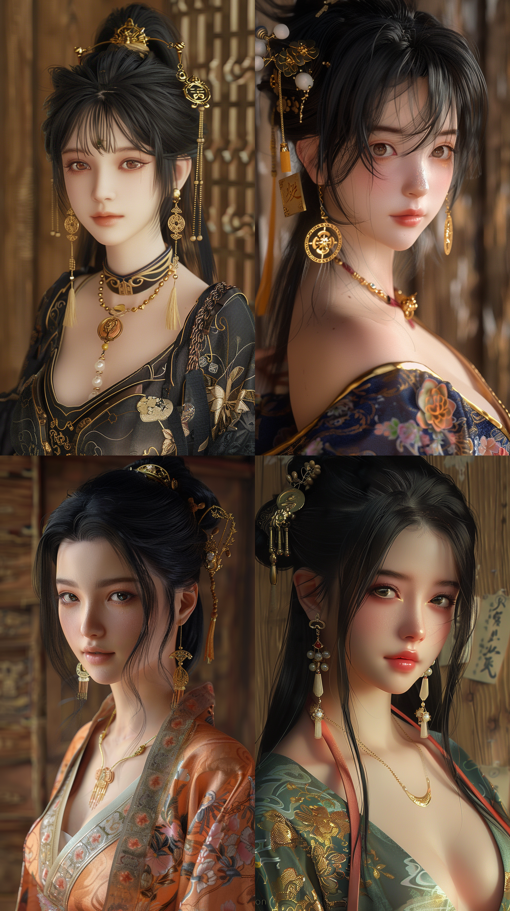 黑发汉服东方女孩，丰满身材，金耳环，金项链，真实照片，清晰细节，木质背景，标签齐全，快乐阳光，时尚，服装 - 虹6 - 外观1:2 - 放松 - 风格化710