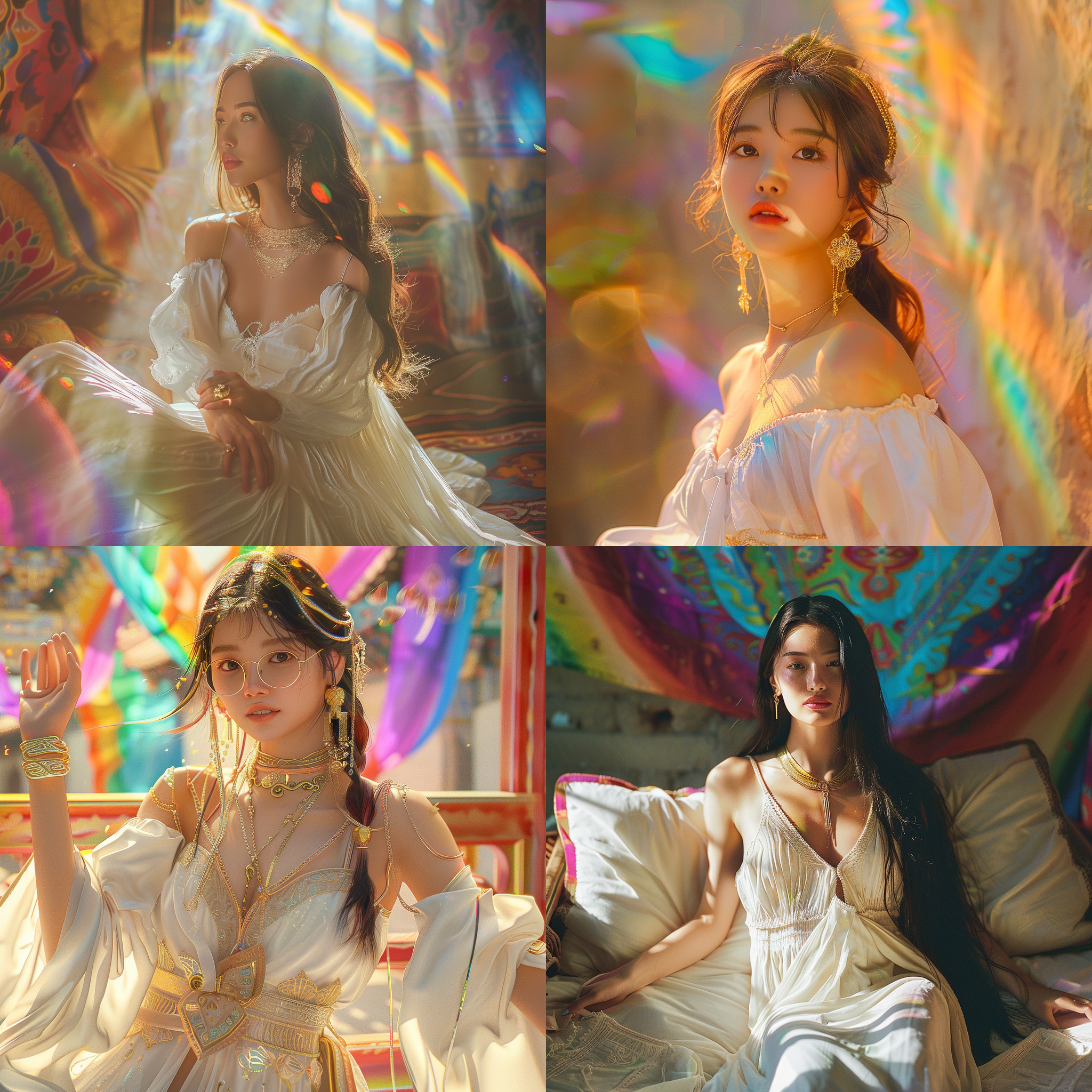 东方女孩，白色连衣裙，金饰品，丰满身材，真实背景，阳光氛围，时尚风格，彩虹色调，半身正面，放松表情，710款式, 半身像, 高清晰度, 自然光, 欢乐, 轻松。