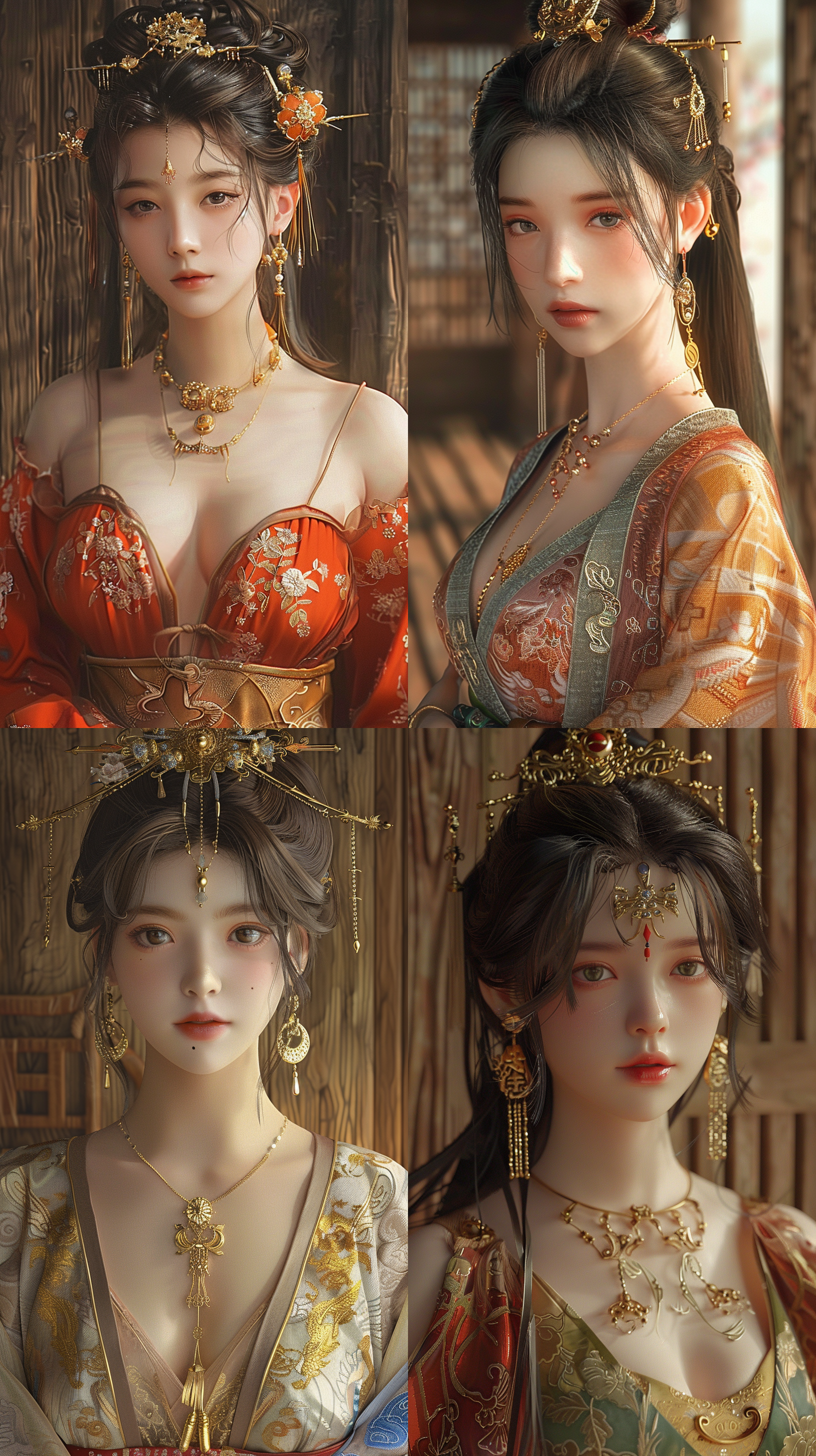 东方汉服女孩，丰满身材，金耳环，金项链，真实照片，清晰细节，木质背景，标签齐全，快乐阳光，时尚，服装 - 虹3 - 外观1:2 - 放松 - 风格化710