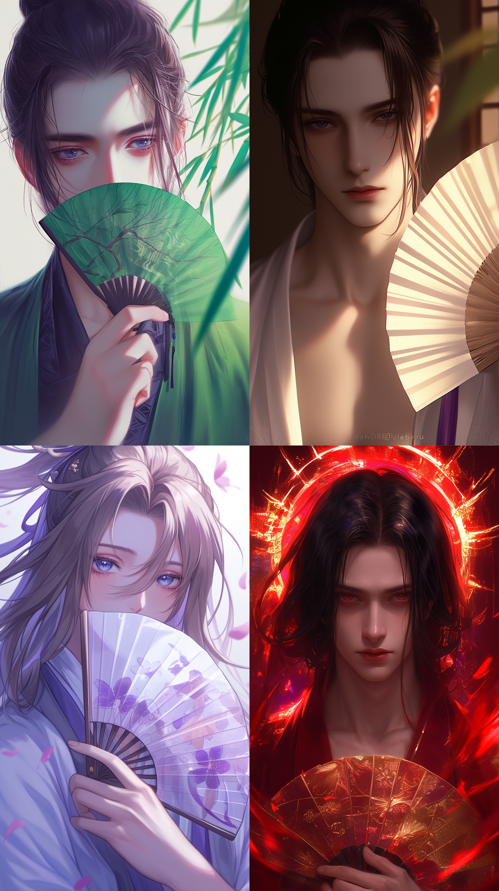 古风美男子，中国古代男子长发束起，手拿纸扇，风度翩翩，唯美古风，英俊非凡的男子， 镜头光晕 竹子 折扇