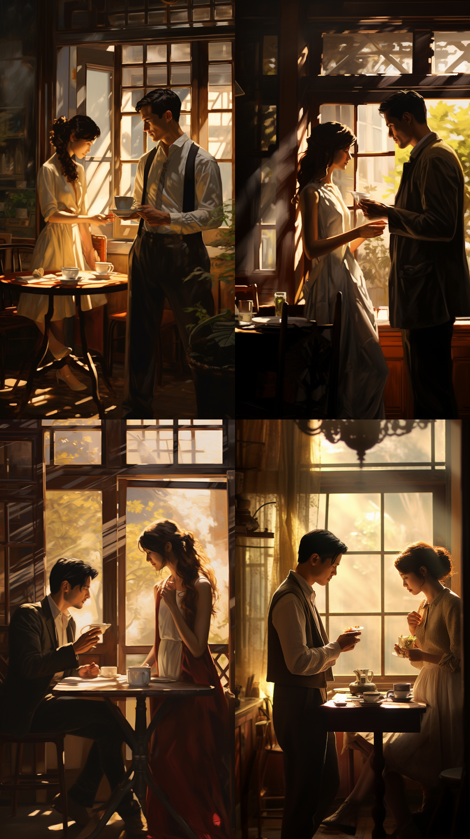 男女初次相遇，茶馆内，复古风格，明暗对比，室内环境，长焦镜头，柔和侧光，静态，浪漫，暖色调，期待。