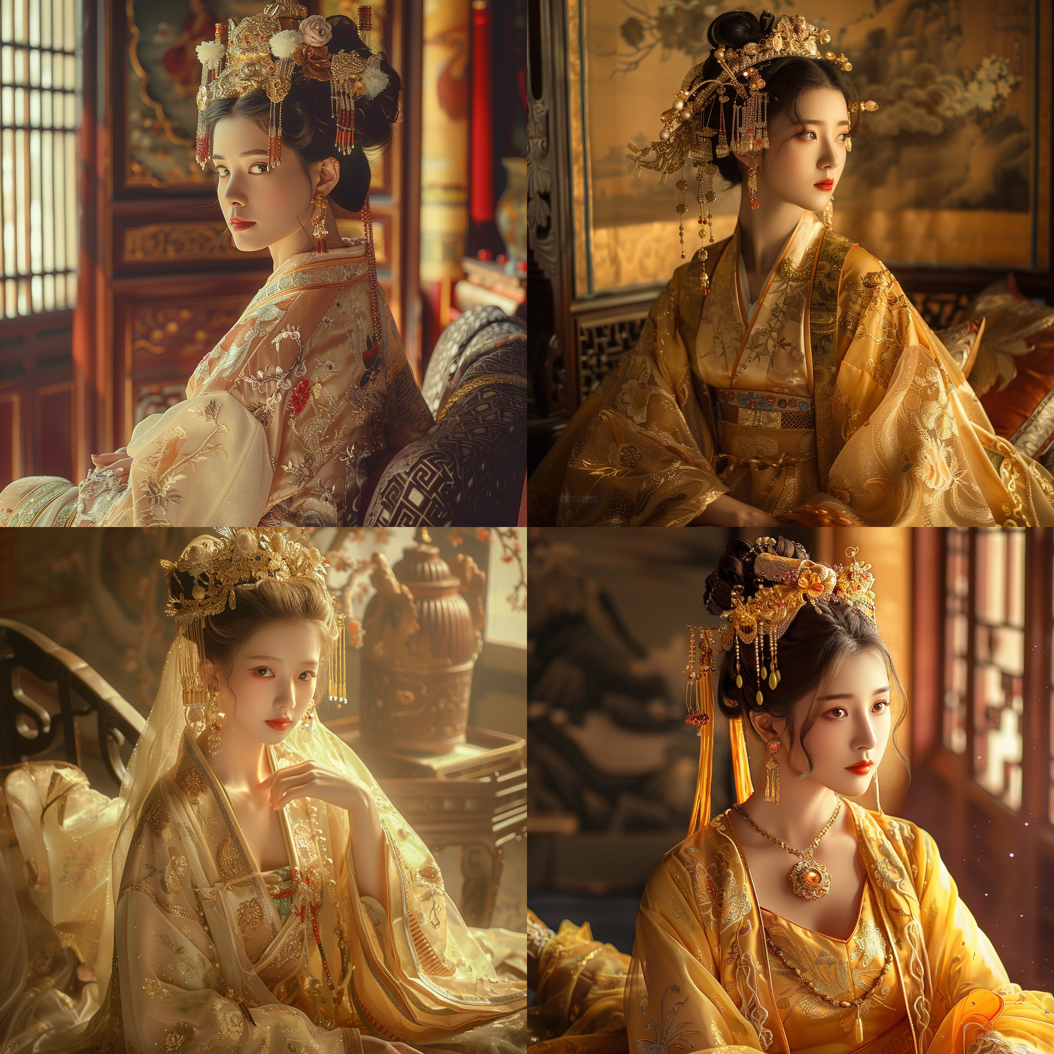 古代闺阁小姐，穿着华丽的汉服，端坐在宫殿内，微笑着看向远方。细节丰富，金色配饰，华丽头饰，华丽图案，柔和侧光，古风气息，典雅色调，端庄神态，温柔目光。