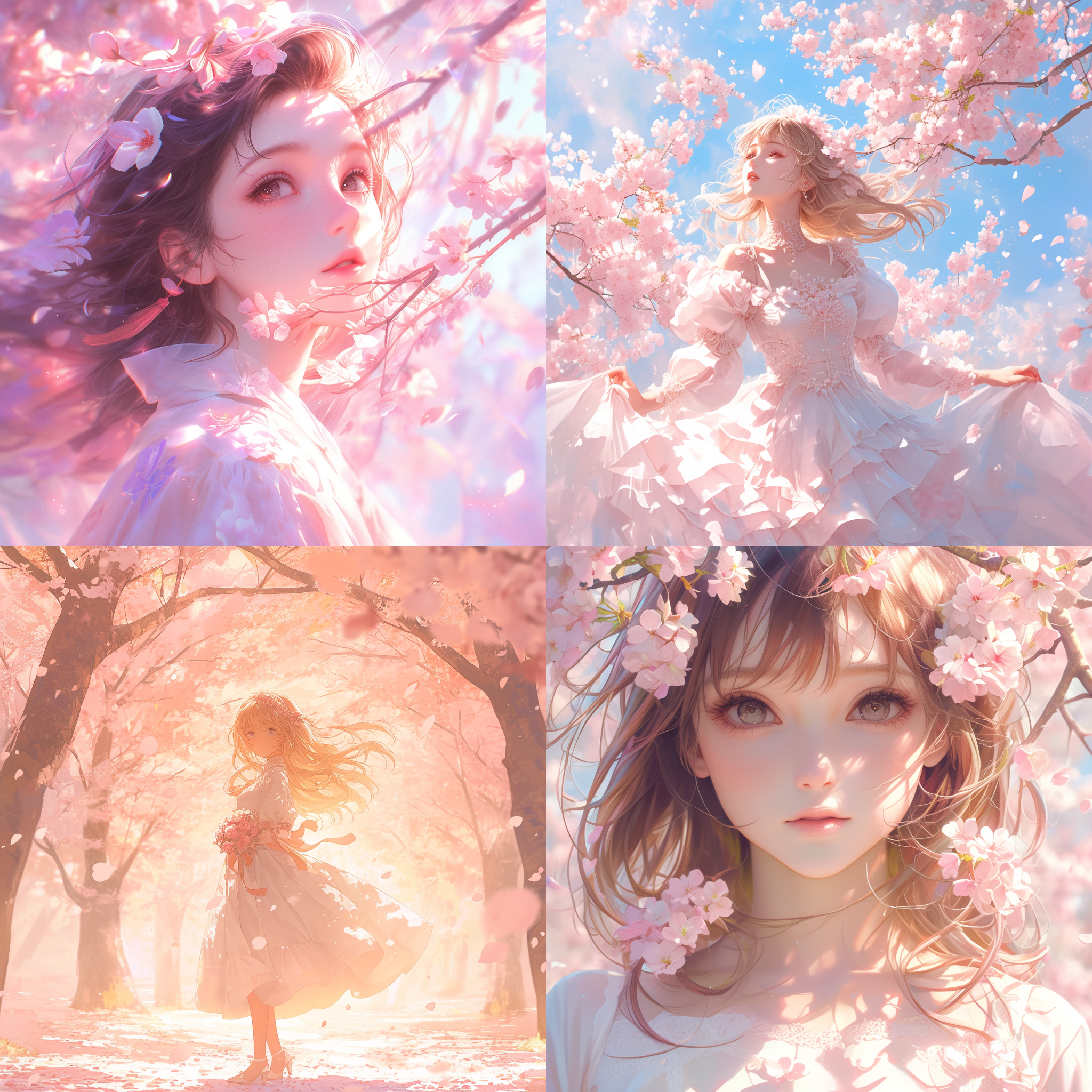 洛丽塔衣服，樱花树下，阳光折射，女生脸部，中间构图，正视图，暖色调，景深镜头，唯美，32k，超逼真细节，花瓣飘落，自然光线。