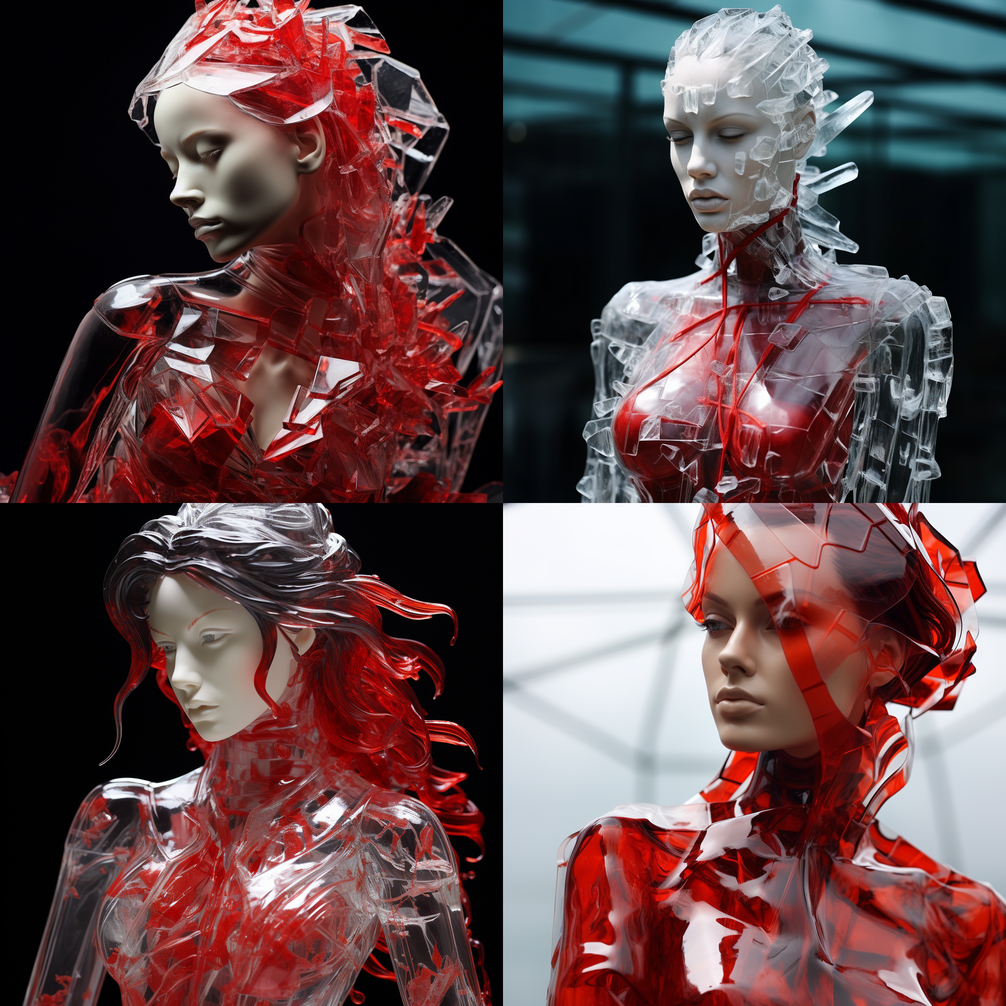 玻璃雕塑，冰片状，美丽女性，红色贴纸，逼真，全身，头发扎起，清晰，镜头对焦，细节丰富，高光，静态，现代风。