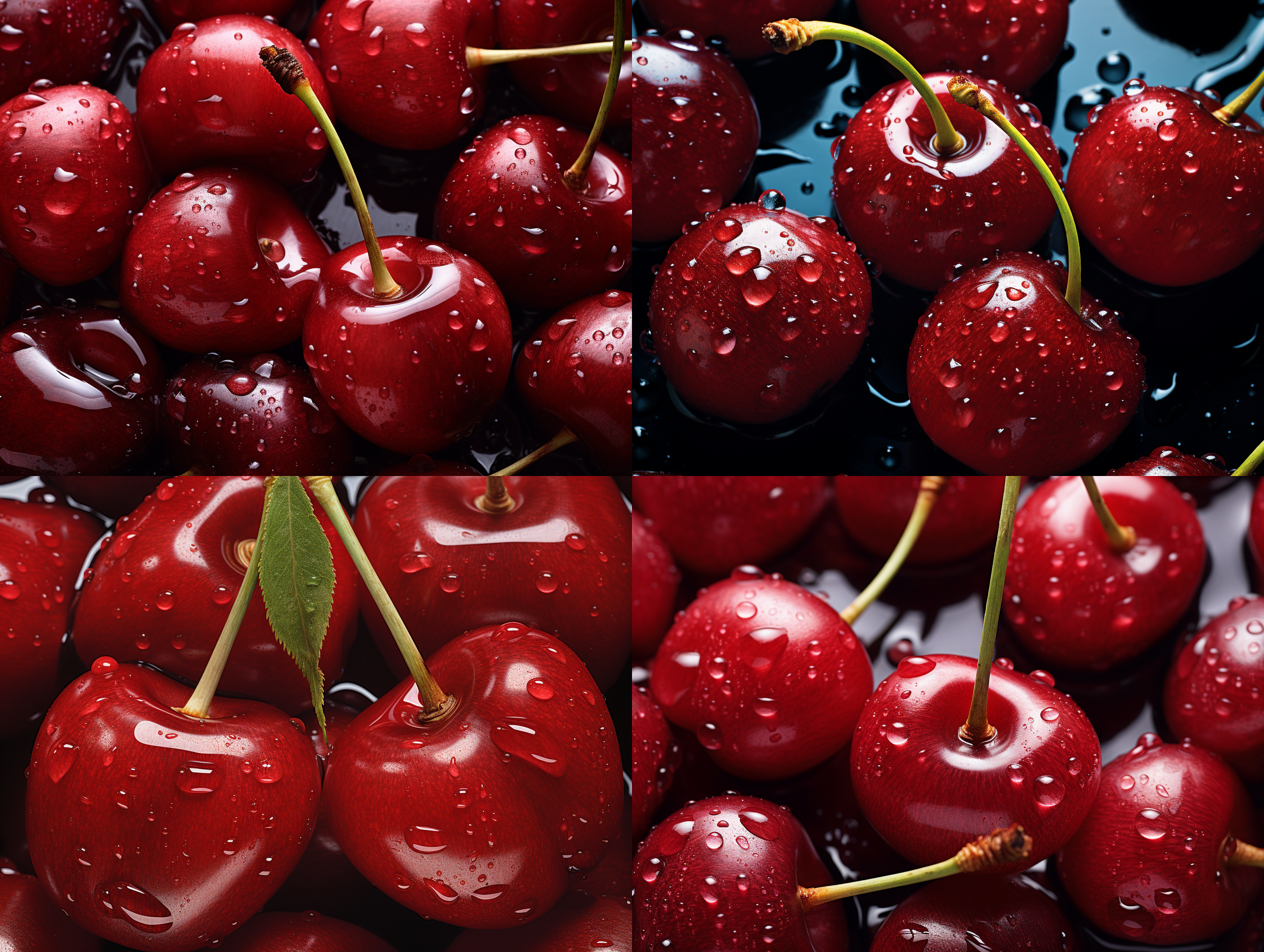 车厘子的高分辨率特写照片，展示了它们充满活力的酒红色和晶莹剔透的图案。每个车厘子闪亮发光，水滴在完美的对称中闪闪发光。整个图片的背景增加了构图的深度，有一种让我垂诞欲滴的有吸引力的感觉