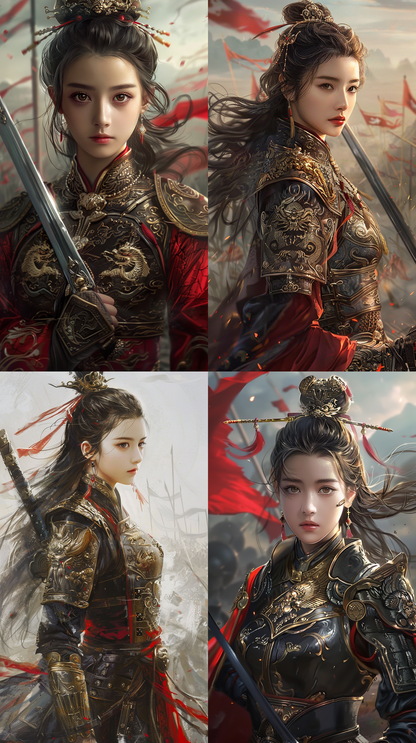 画面中心是一位美丽的女战士，她穿着中国古代的战甲。这战甲主要由金属和丝绸制成，色彩以红和黑为主，上面镶嵌着金色的龙凤图案，显示出尊贵和力量。战甲的肩膀部分装饰有狮头肩铠，显示出威武。 她的头发被高高束起，插着精美的簪子，几缕飘逸的发丝随风飘扬，增添了几分柔美的气质。她的面容冷峻，眼神坚定，透露出不容置疑的英勇和决心。 美女手持一把宝剑，剑身长且窄，剑柄上装饰着精美的玉石和金丝，显得华丽而不失杀气。她的姿态是正在挥剑的瞬间，动作流畅而有力，给人一种英姿飒爽的感觉。 背景可以是战场的模糊轮廓，远处可以看见战旗飘扬，和远山的轮廓相映成趣，增添了几分壮阔的氛围。 整幅图画结合了古典美和战斗的激烈，展示了一位女战士在古代战场的英勇形象。