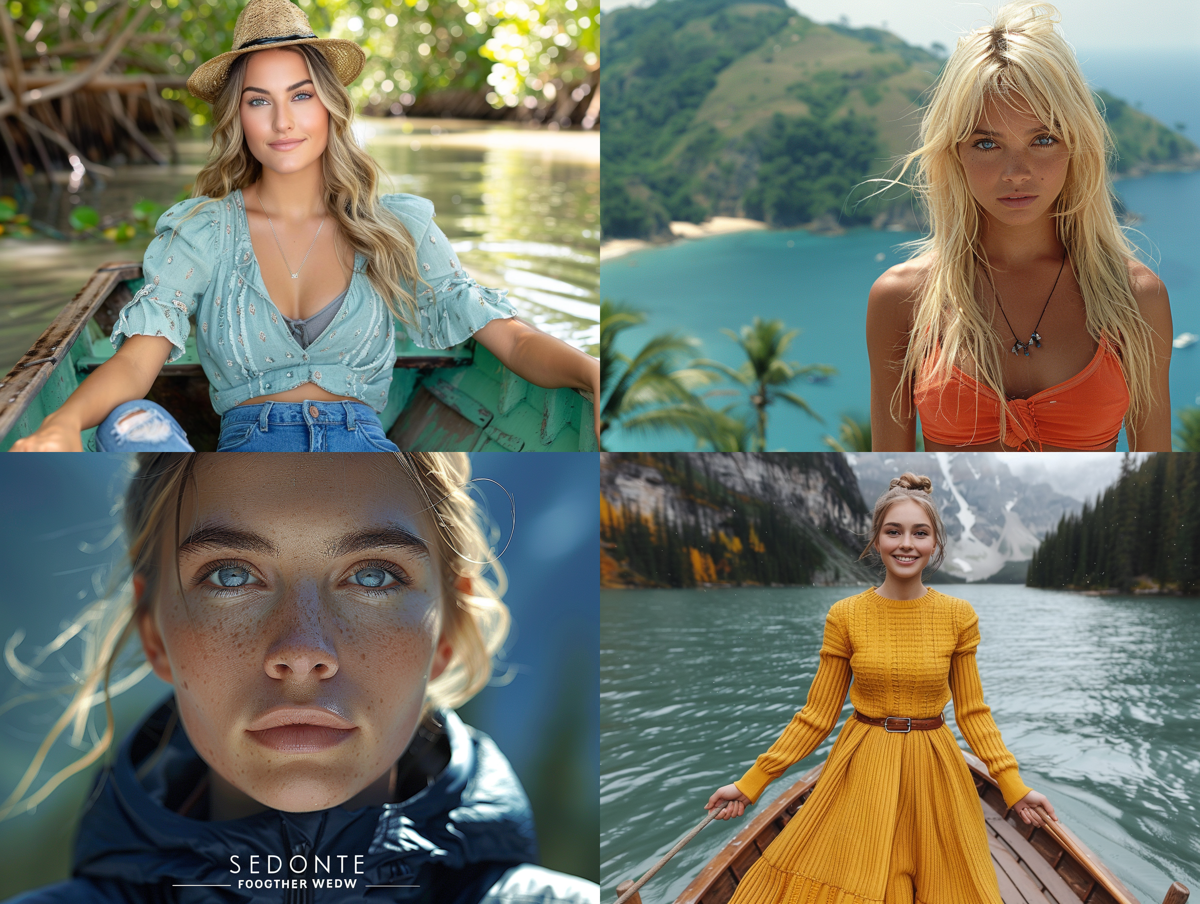 金发蓝眼的南美少女，20岁左右，丰满身材，慈祥面容，8k画质，写实风格，森林船上，碧绿湖水，摄影质感，细节丰富，紧凑镜头，静态，优美，注重面部表情，户外光线，和谐色彩，平和情绪。