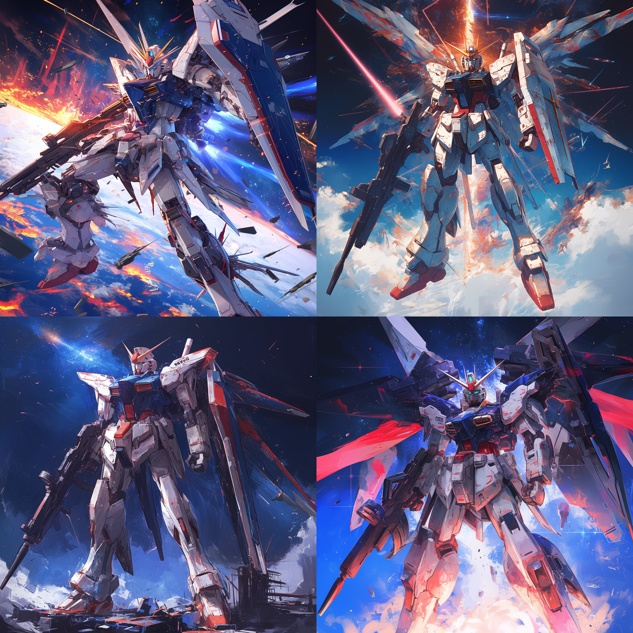 巨大机甲，正面全景视角，白，红，蓝，黑涂装，六芒星涂装，高清8k，动漫高达质感，悬浮武器，宇宙背景，华丽的外观，华丽的武器，电磁震荡剑，全部身体，快速快门，强烈对比度，震撼，壮观。