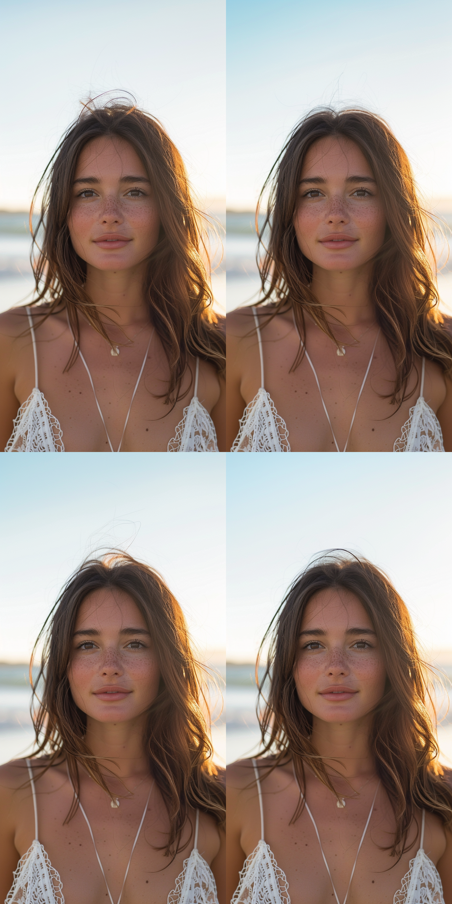 沙滩比基尼美女，海滩背景，阳光明媚，清澈海水，柔和色调，长发披肩，放松表情，远景构图，人像摄影，遥控快门，自然光，轻松愉悦。