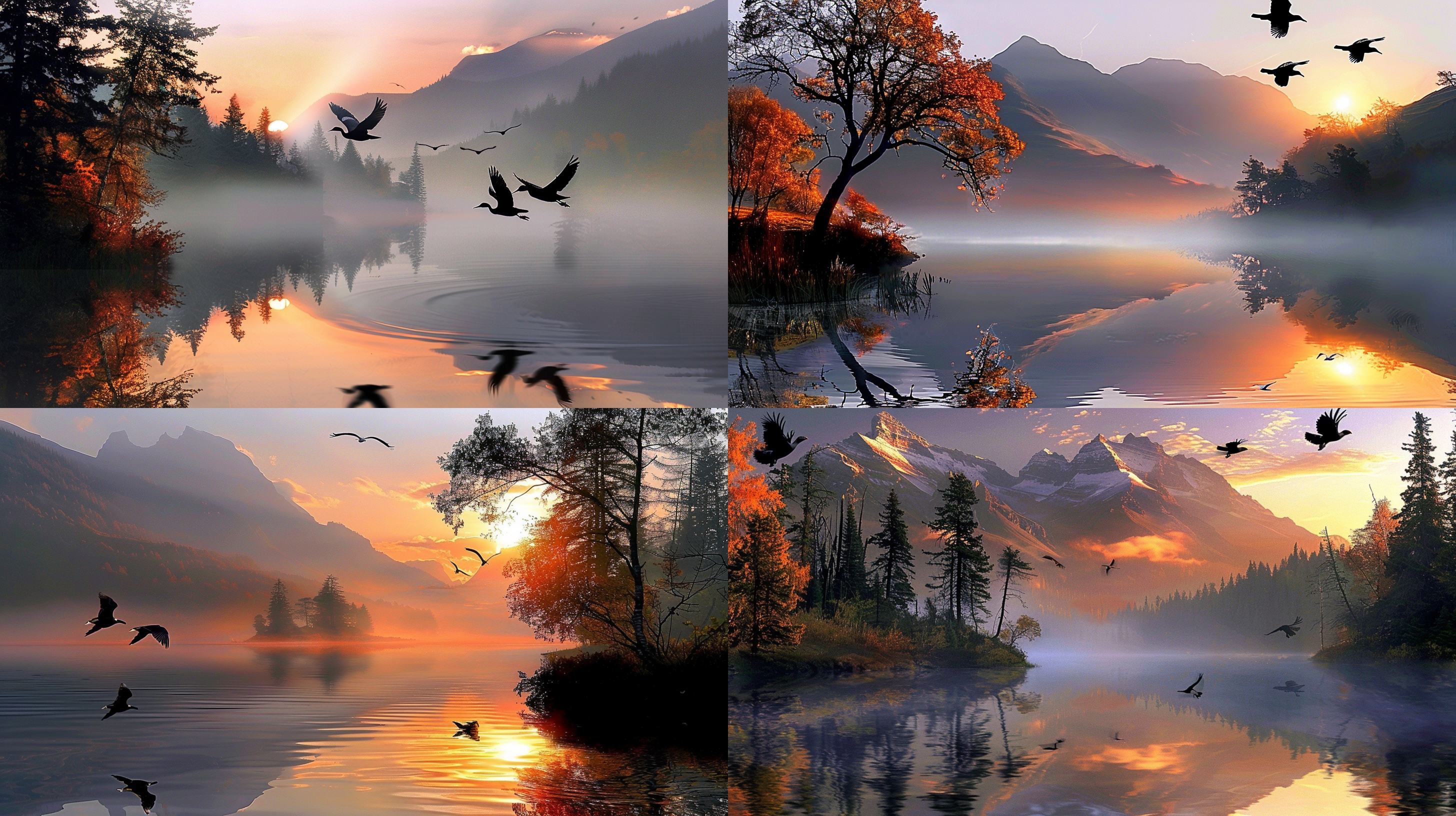 风景湖泊，清晨树林，山峦，大景深，高清彩色摄影，三只飞鸟，和谐对称布局，远处山脉，自然光，优美动作，宁静祥和，蓝绿色调，自然情感。